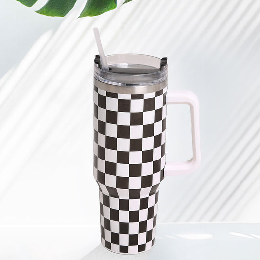 Black White Checkered Printed 40oz Stainless Steel Tumbler With Handle