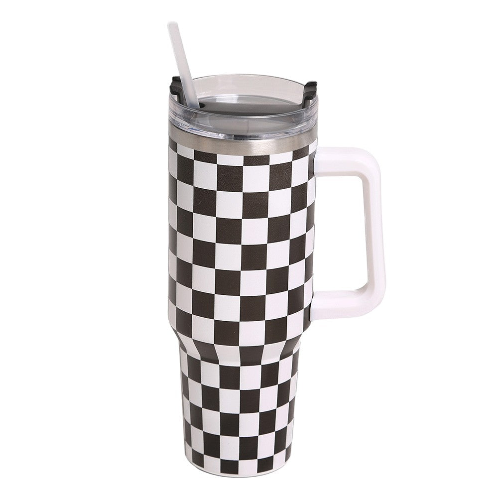 Black White Checkered Printed 40oz Stainless Steel Tumbler With Handle