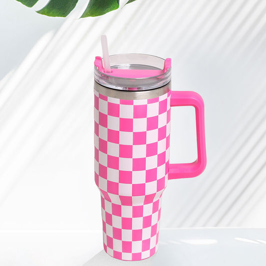 Pink White Checkered Printed 40oz Stainless Steel Tumbler With Handle (Copy)