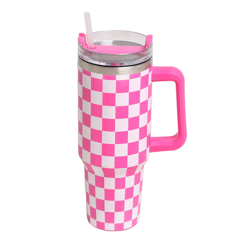 Pink White Checkered Printed 40oz Stainless Steel Tumbler With Handle (Copy)