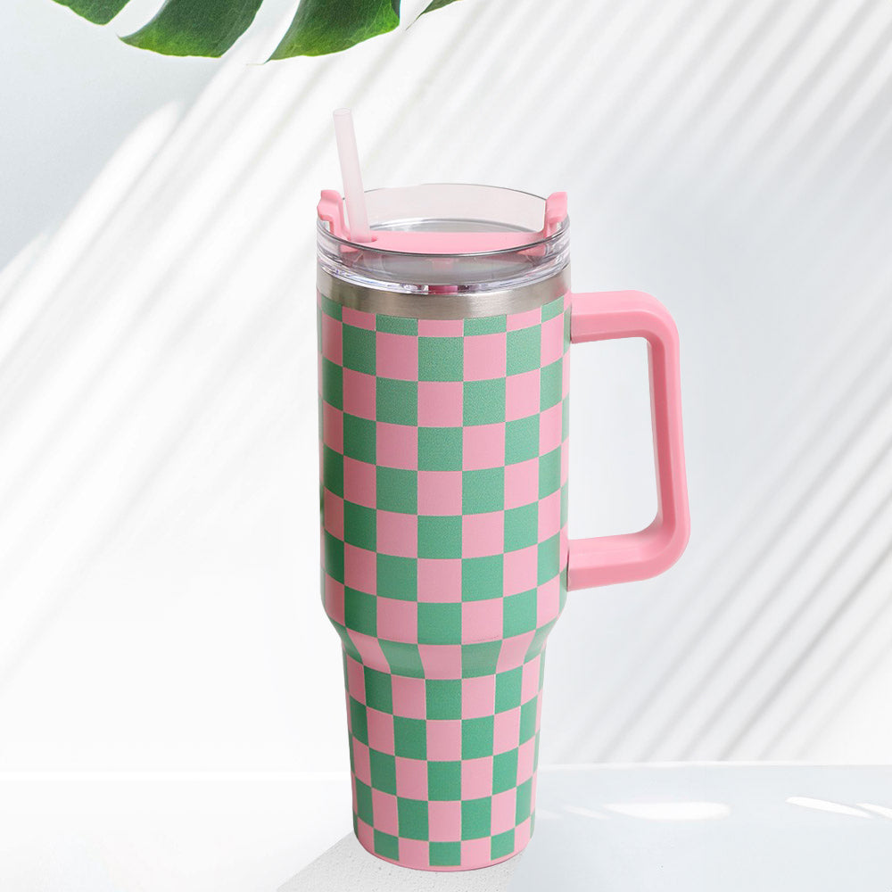 Pink Green Checkered Printed 40oz Stainless Steel Tumbler With Handle