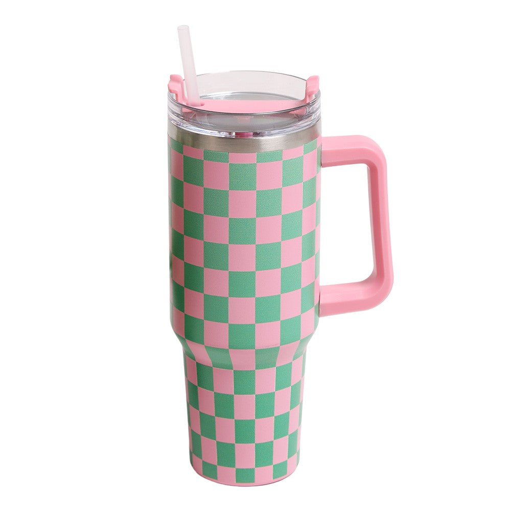 Pink Green Checkered Printed 40oz Stainless Steel Tumbler With Handle