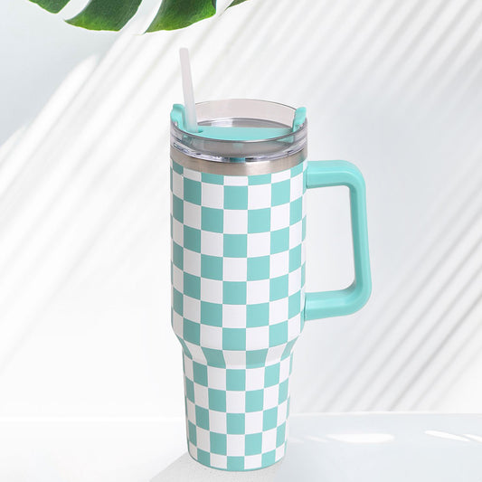 Turquoise White Checkered Printed 40oz Stainless Steel Tumbler With Handle