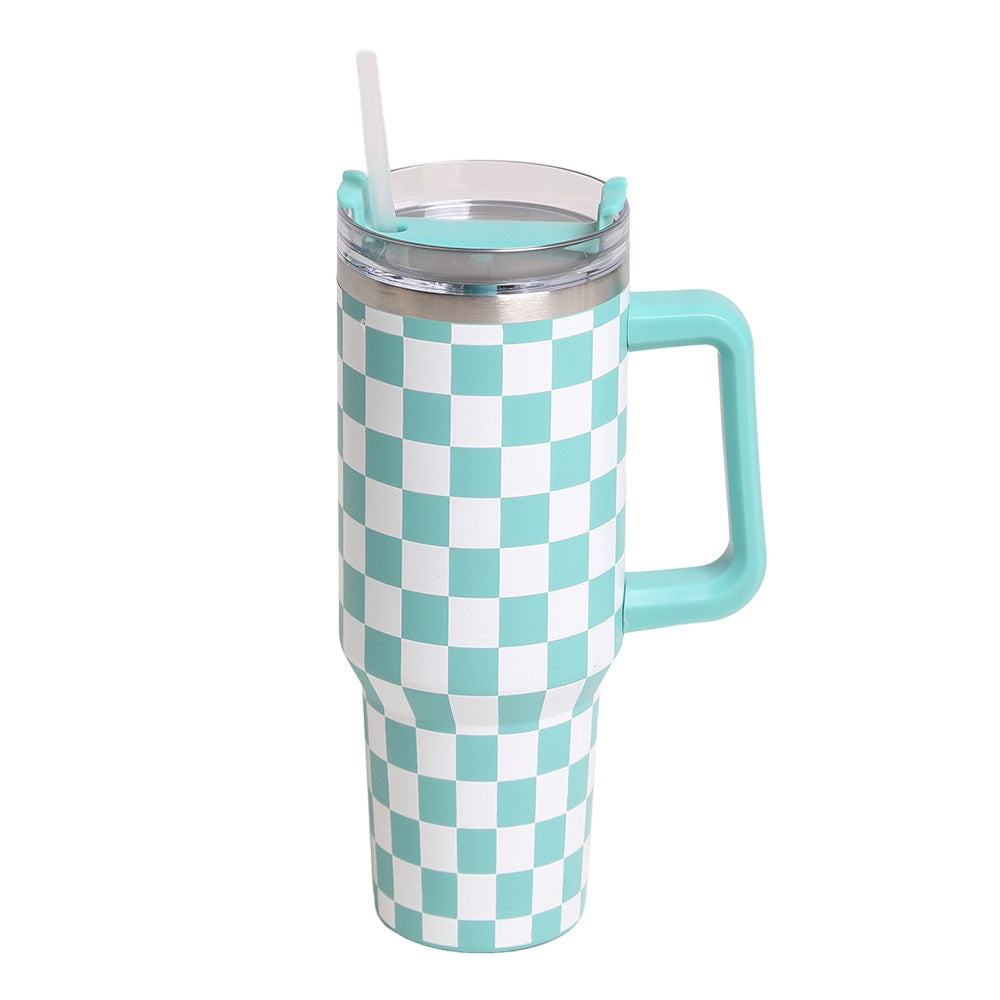 Turquoise White Checkered Printed 40oz Stainless Steel Tumbler With Handle