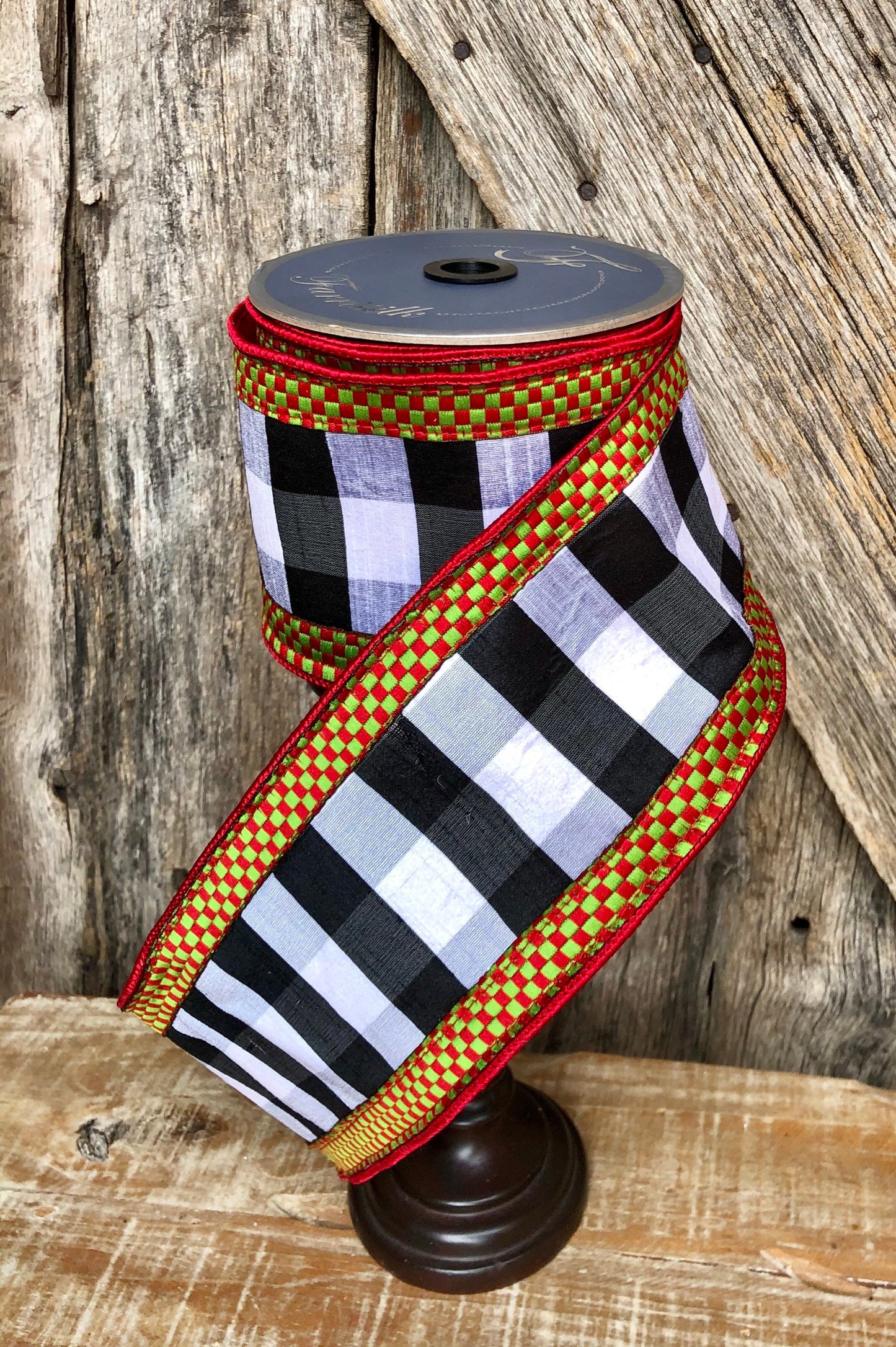 4" Check on Checks Wired Ribbon, Farrilk Ribbon, Black and White Checkered Ribbon