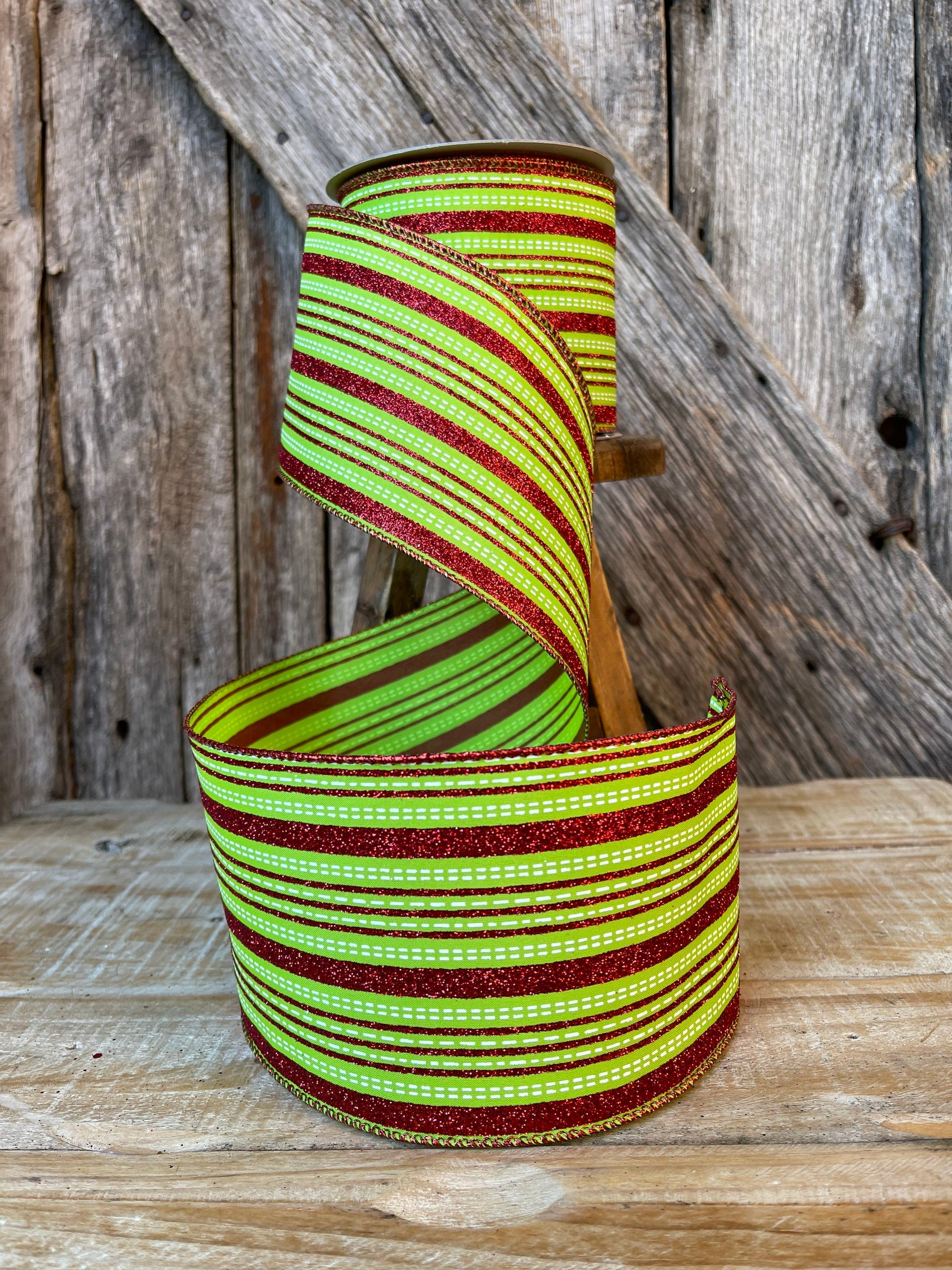 4" Farrsilk Red and lime green ribbon, Stitched Stripes