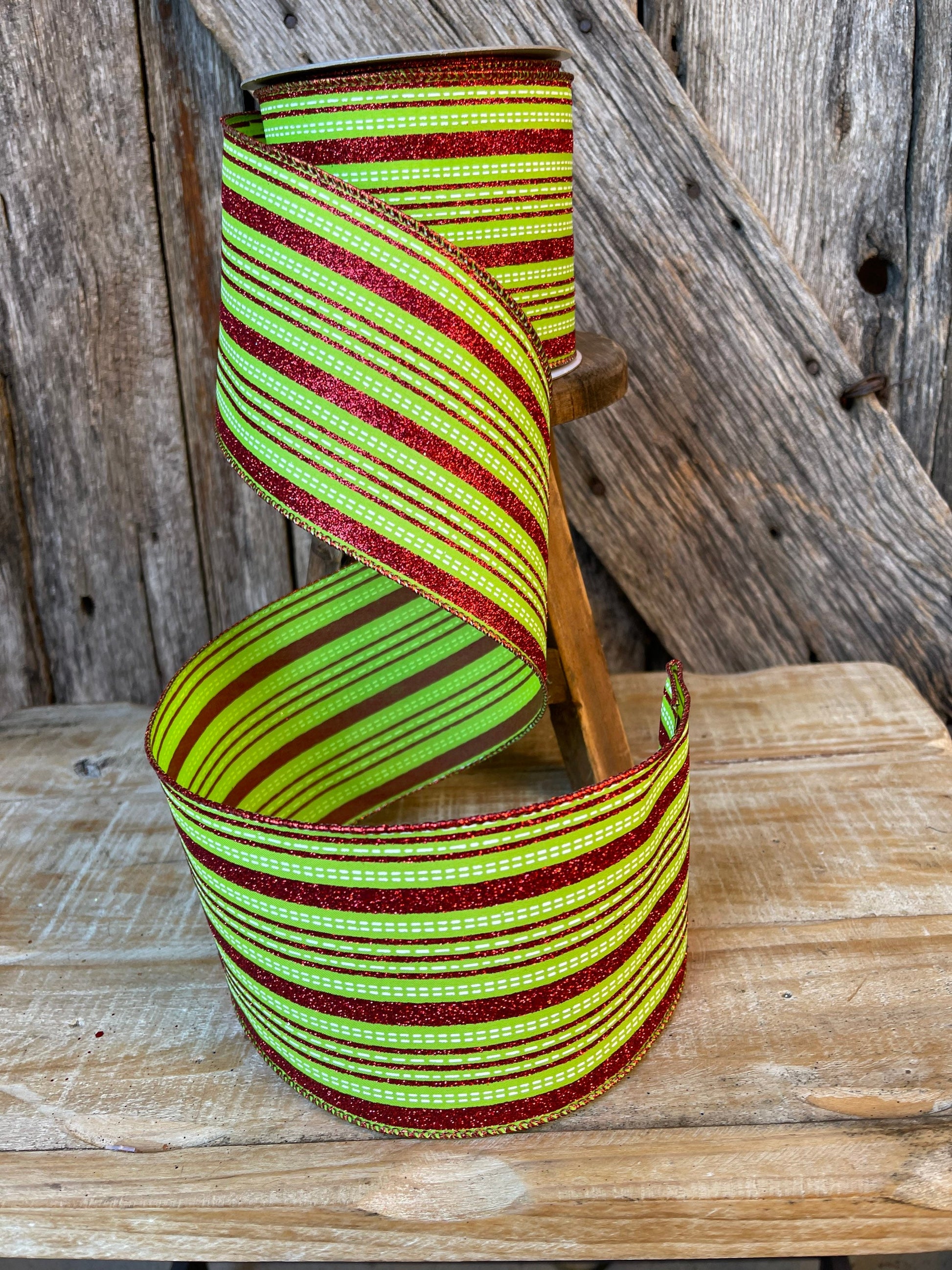 4" Farrsilk Red and lime green ribbon, Stitched Stripes, Christmas Ribbon