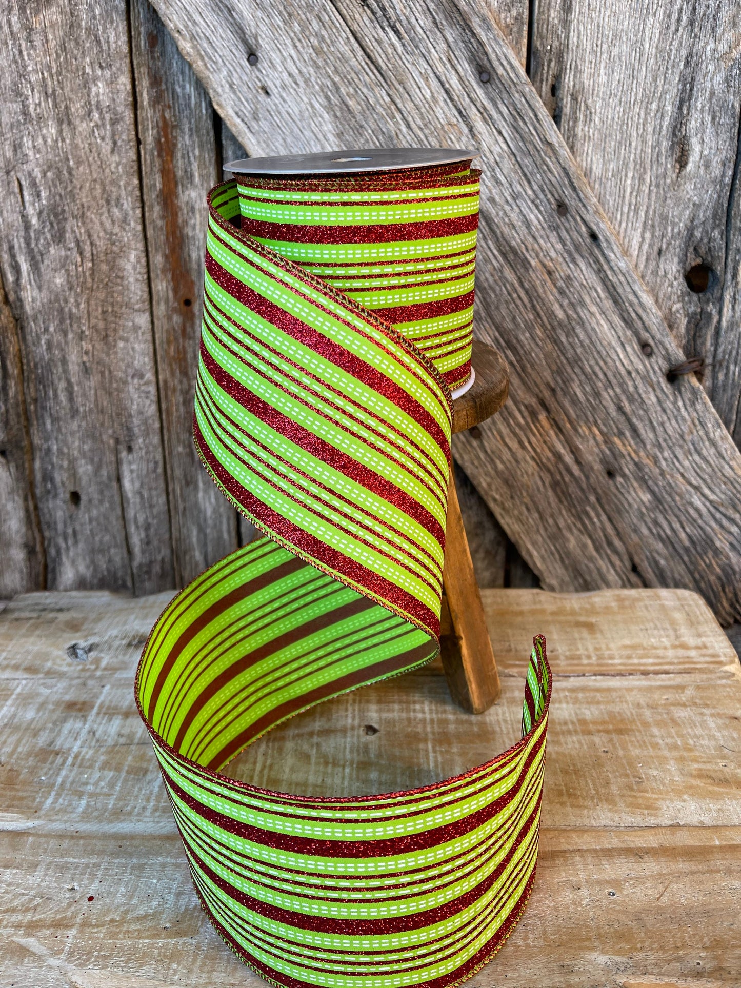 4" Farrsilk Red and lime green ribbon, Stitched Stripes, Christmas Ribbon