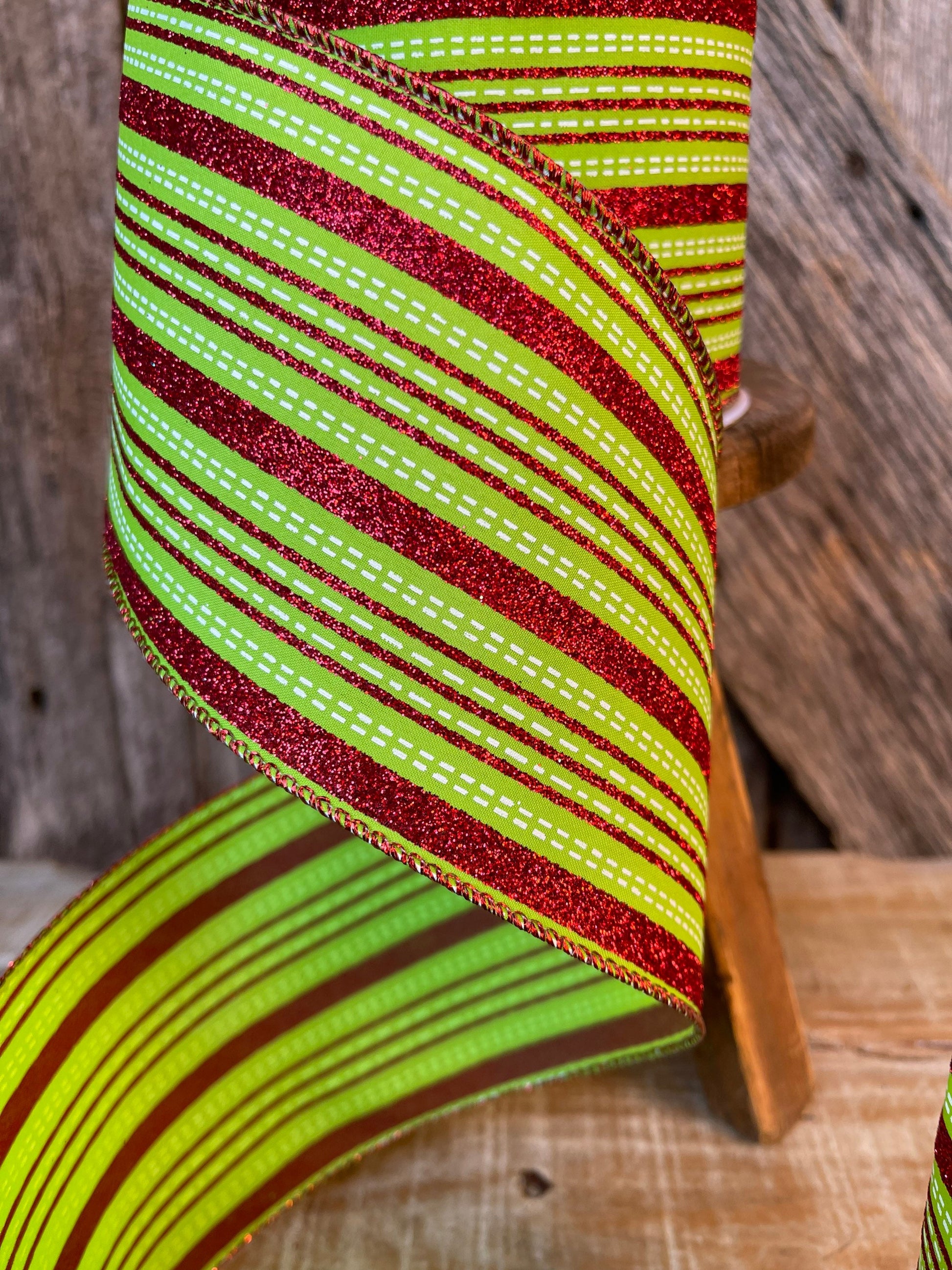 4" Farrsilk Red and lime green ribbon, Stitched Stripes, Christmas Ribbon