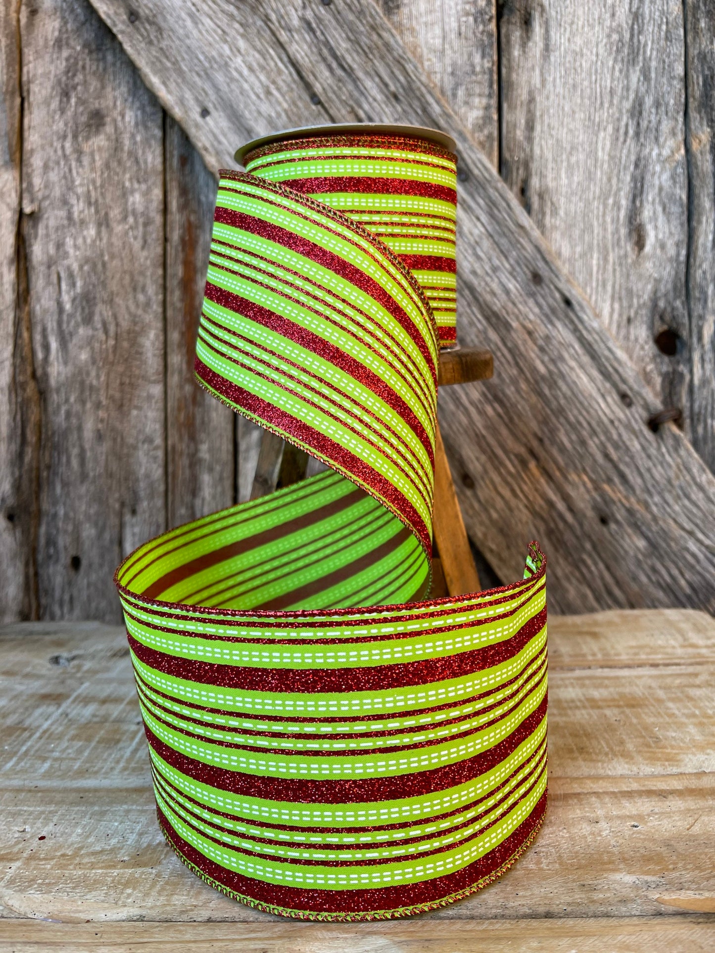 4" Farrsilk Red and lime green ribbon, Stitched Stripes, Christmas Ribbon