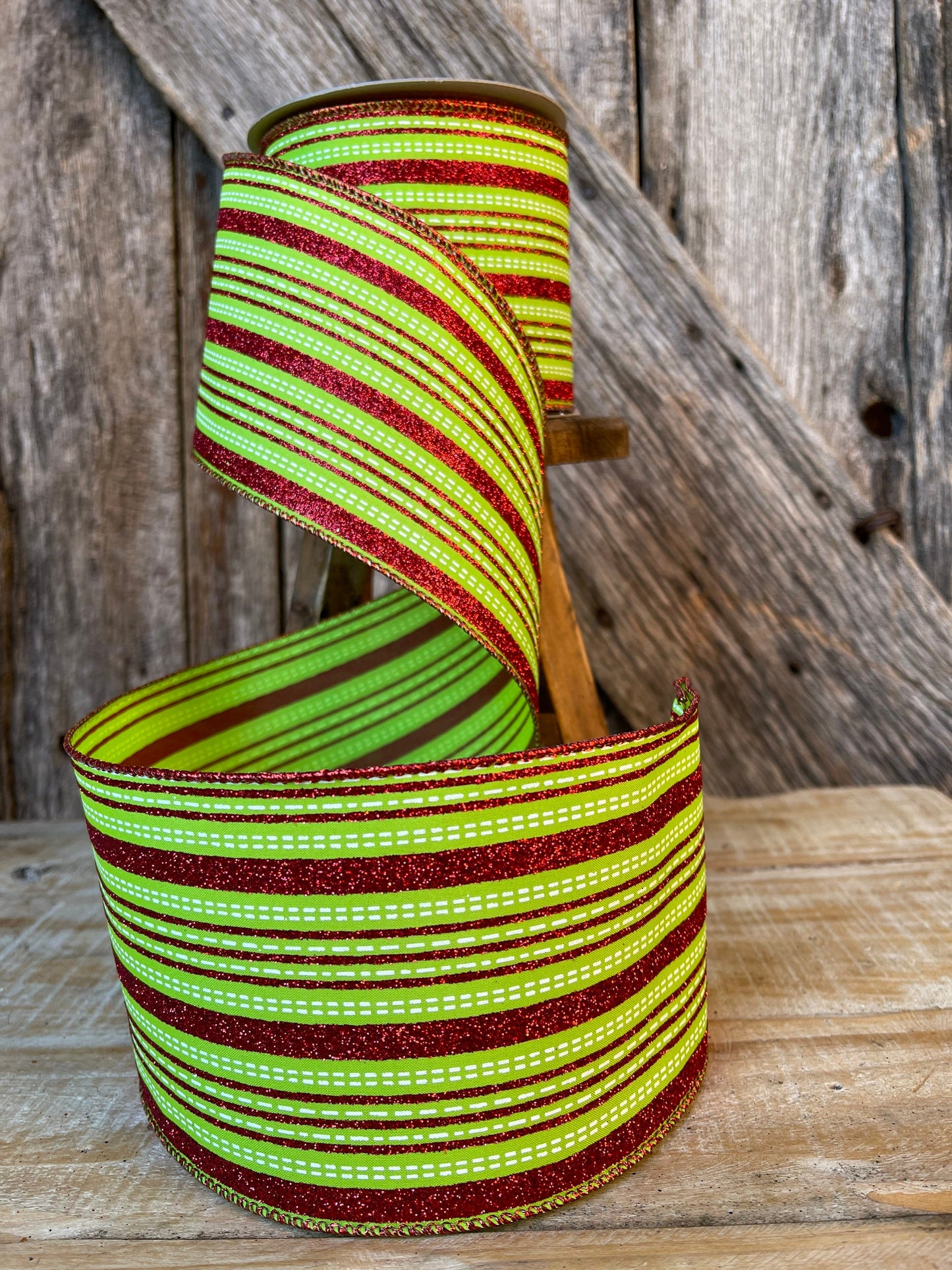 4" Farrsilk Red and lime green ribbon, Stitched Stripes, Christmas Ribbon