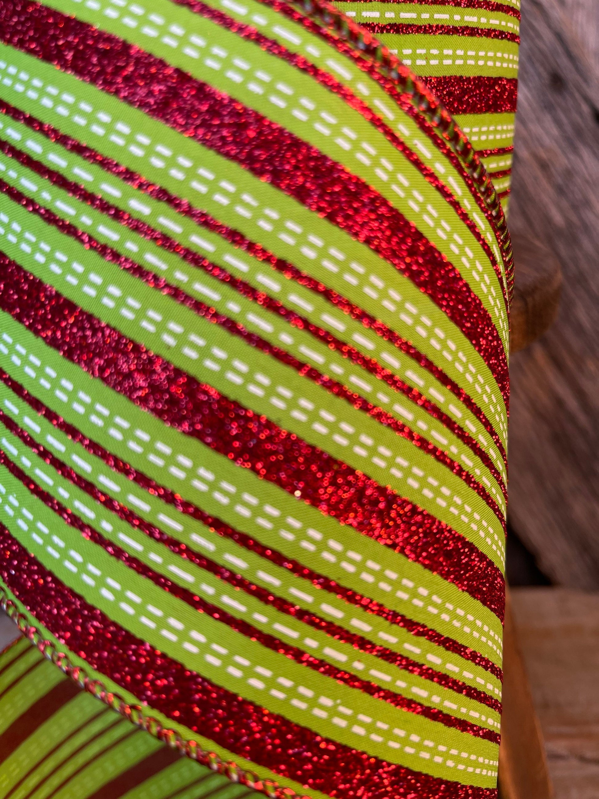 4" Farrsilk Red and lime green ribbon, Stitched Stripes, Christmas Ribbon