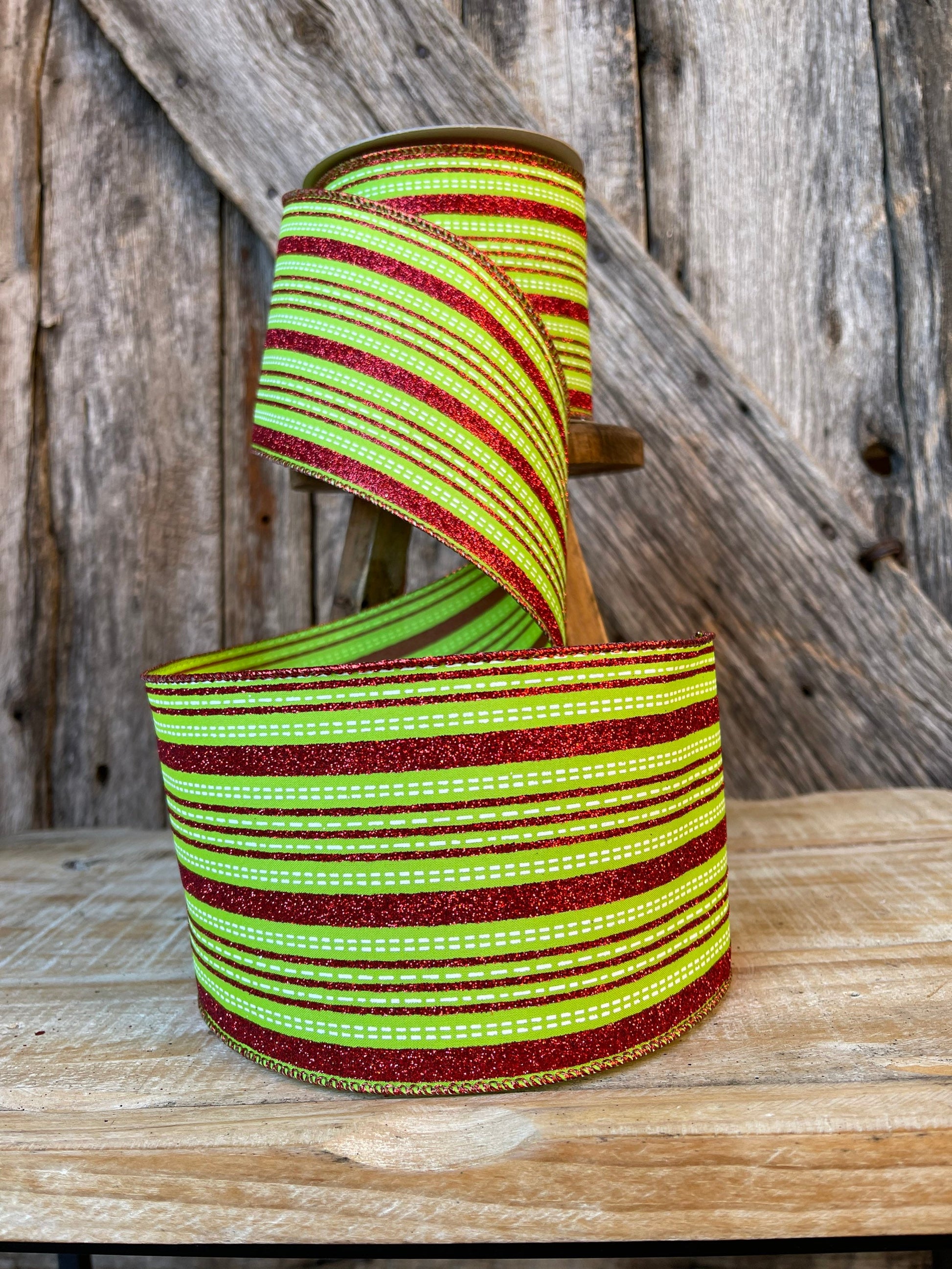 4" Farrsilk Red and lime green ribbon, Stitched Stripes, Christmas Ribbon