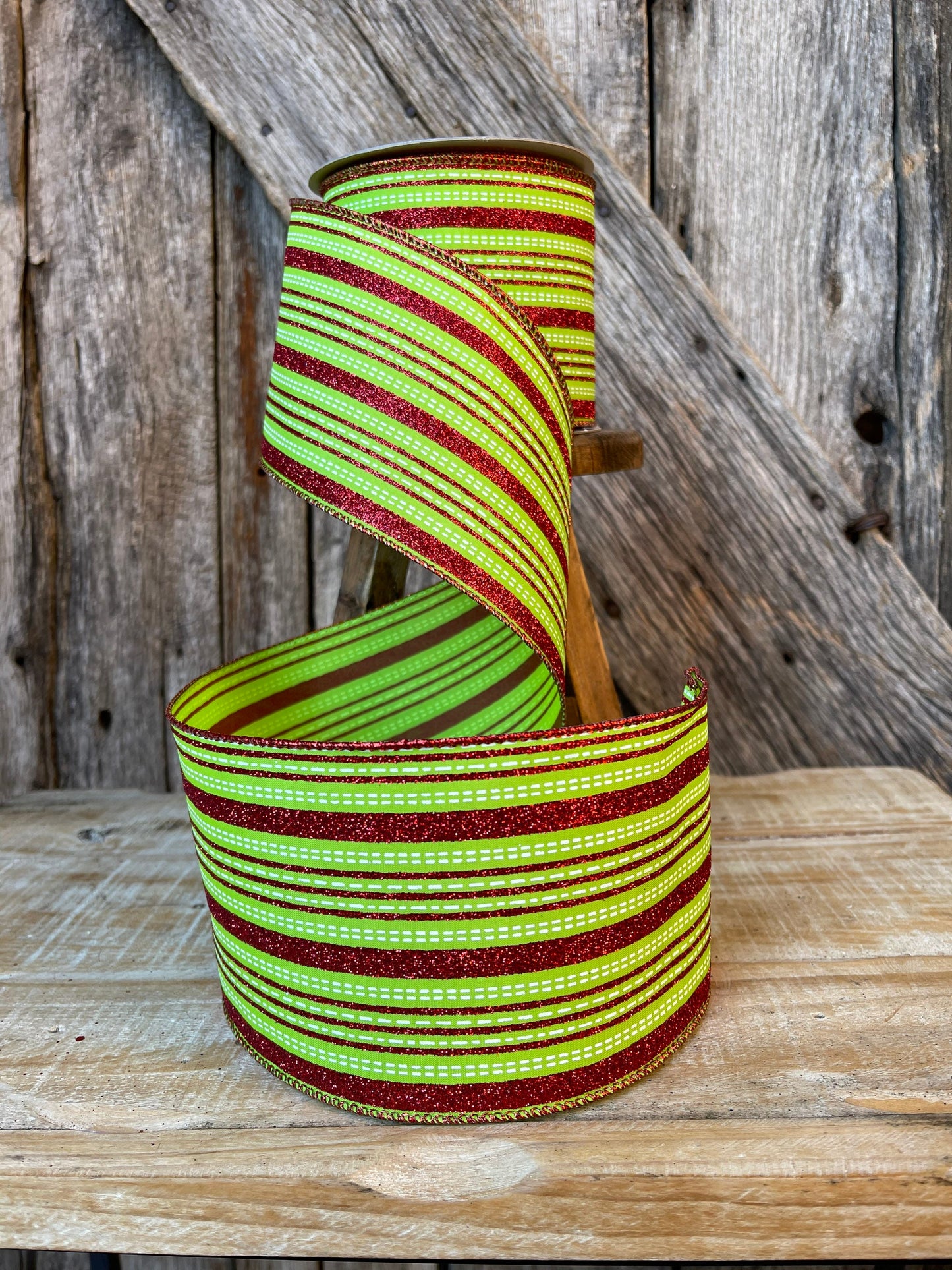 4" Farrsilk Red and lime green ribbon, Stitched Stripes, Christmas Ribbon