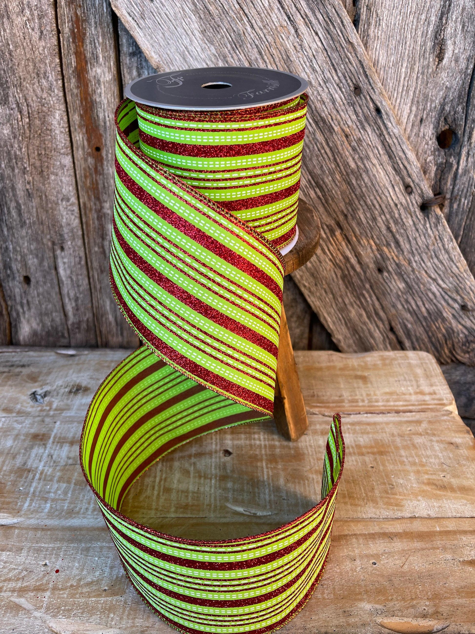 4" Farrsilk Red and lime green ribbon, Stitched Stripes, Christmas Ribbon