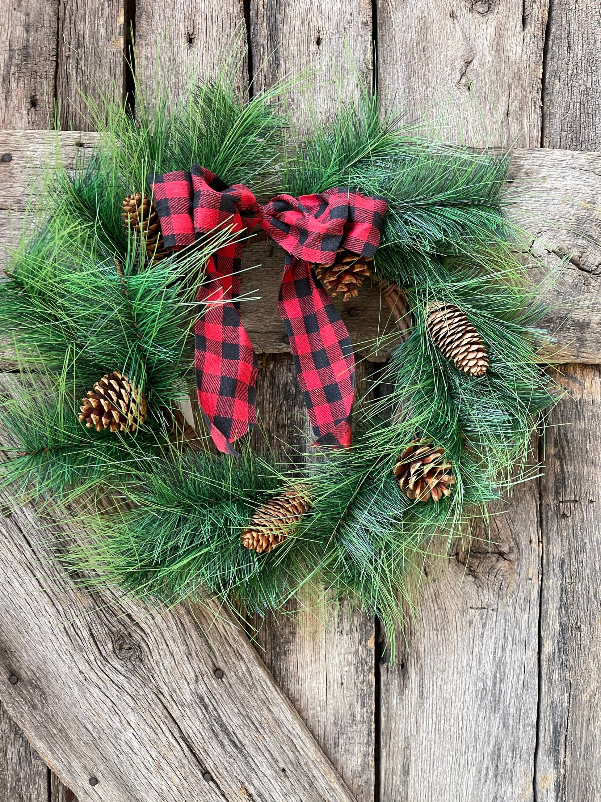 18 inch wreath, pinecone wreath base, Buffalo plaid wreath