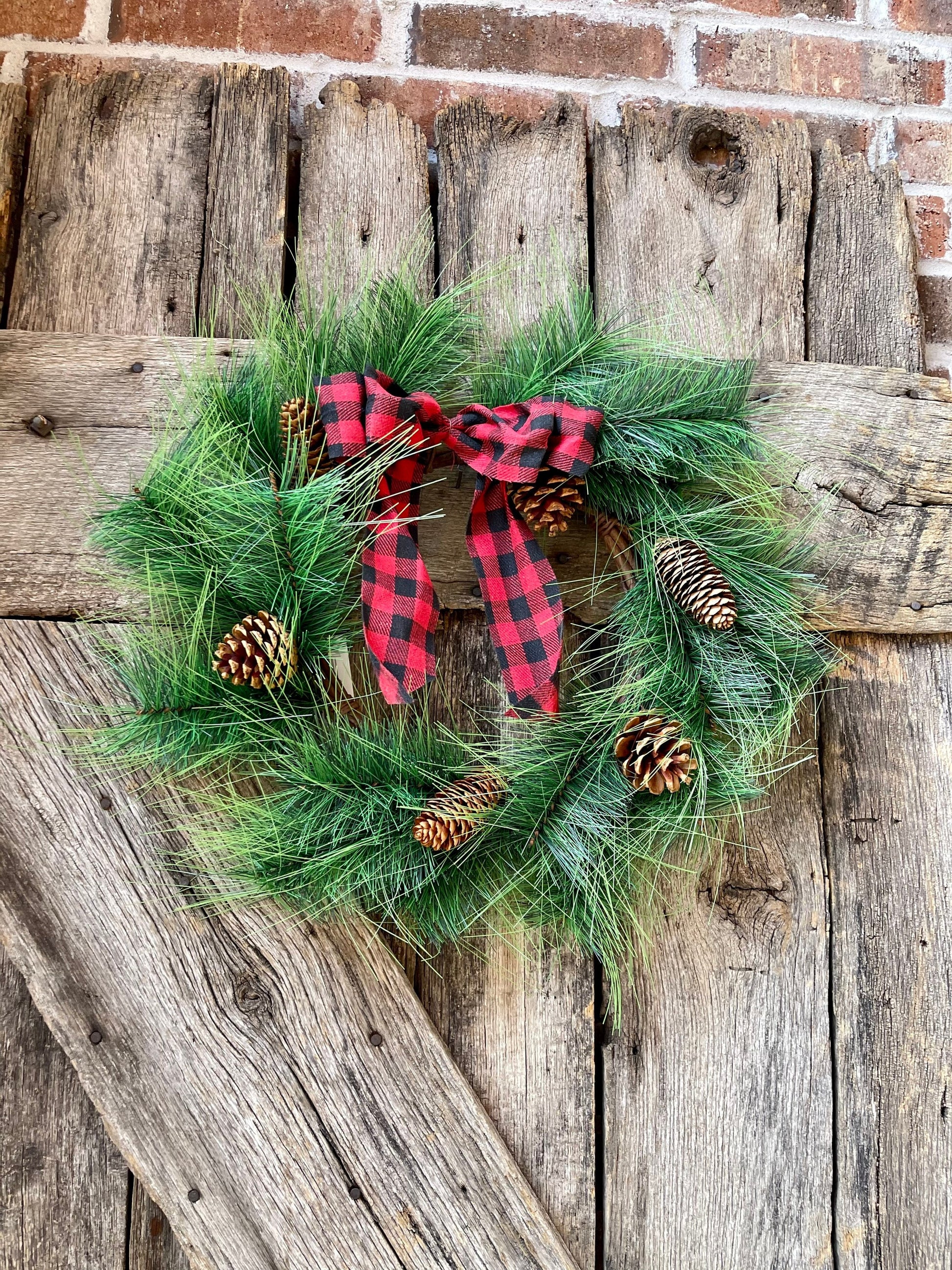 18 inch wreath, pinecone wreath base, Buffalo plaid wreath