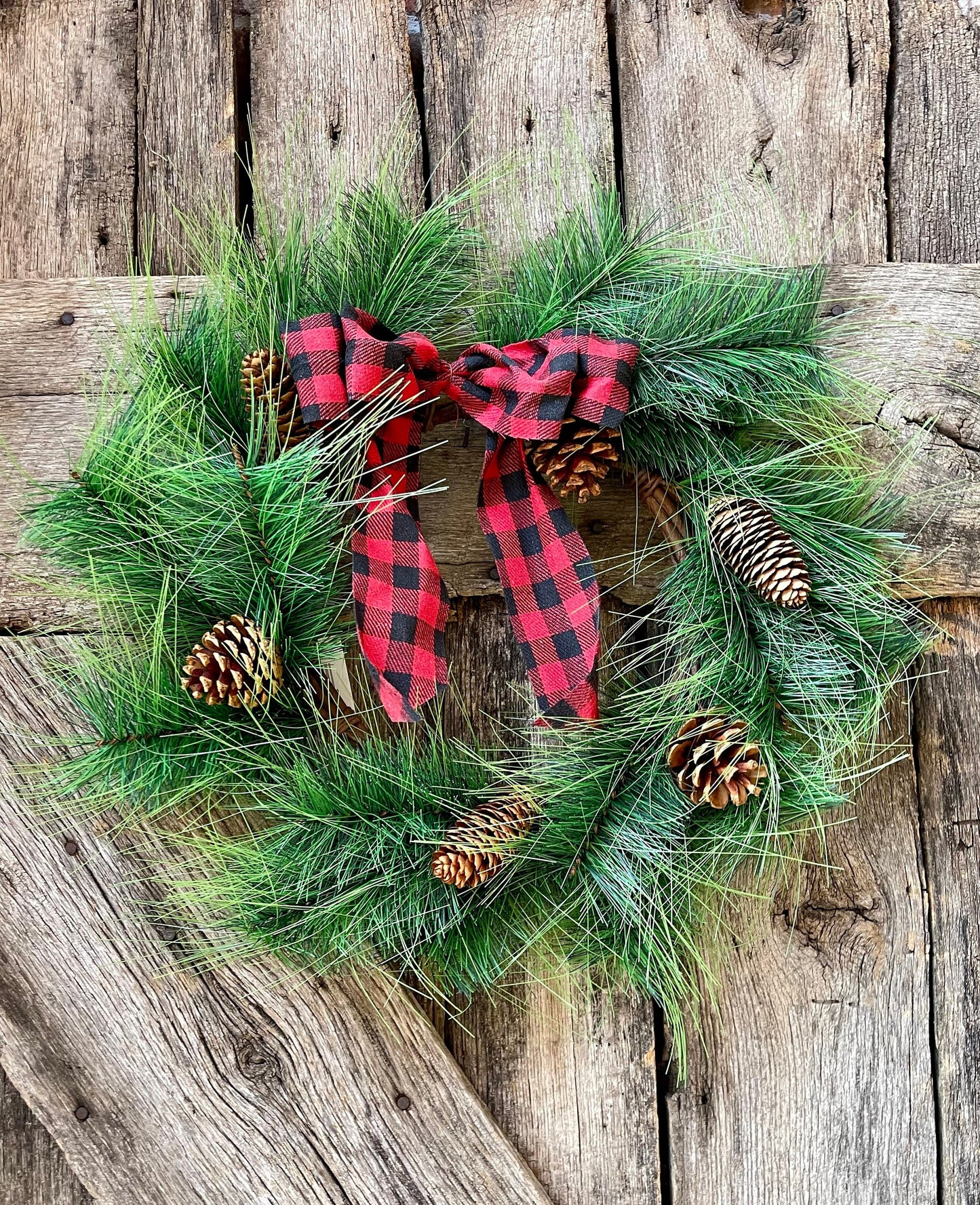 18 inch wreath, pinecone wreath base, Buffalo plaid wreath