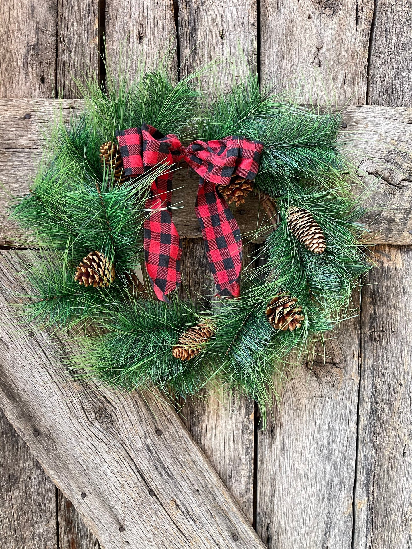 18 inch wreath, pinecone wreath base, Buffalo plaid wreath