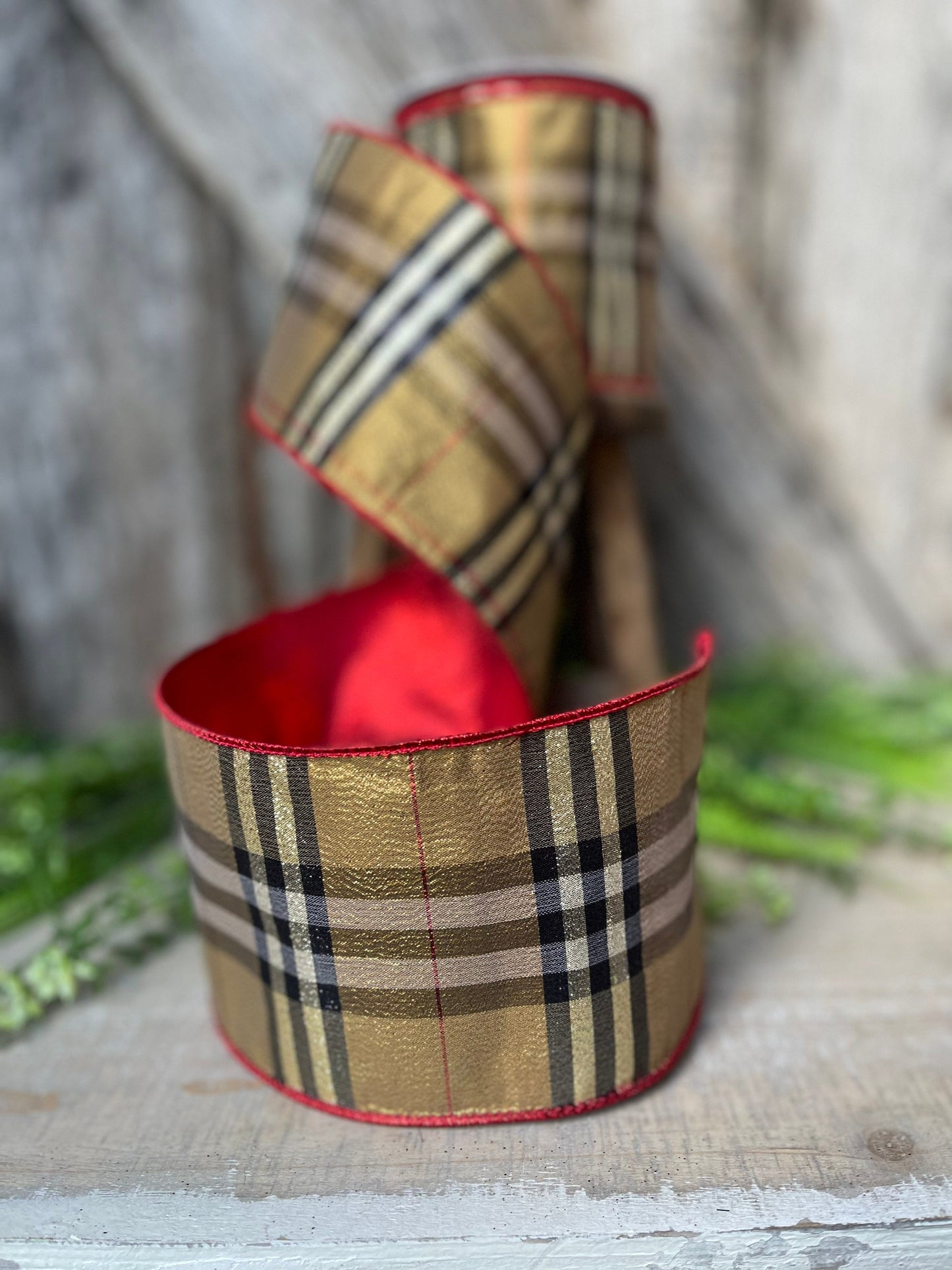 4” Burbank holiday plaid, brown black red plaid Christmas ribbon, 10 yards