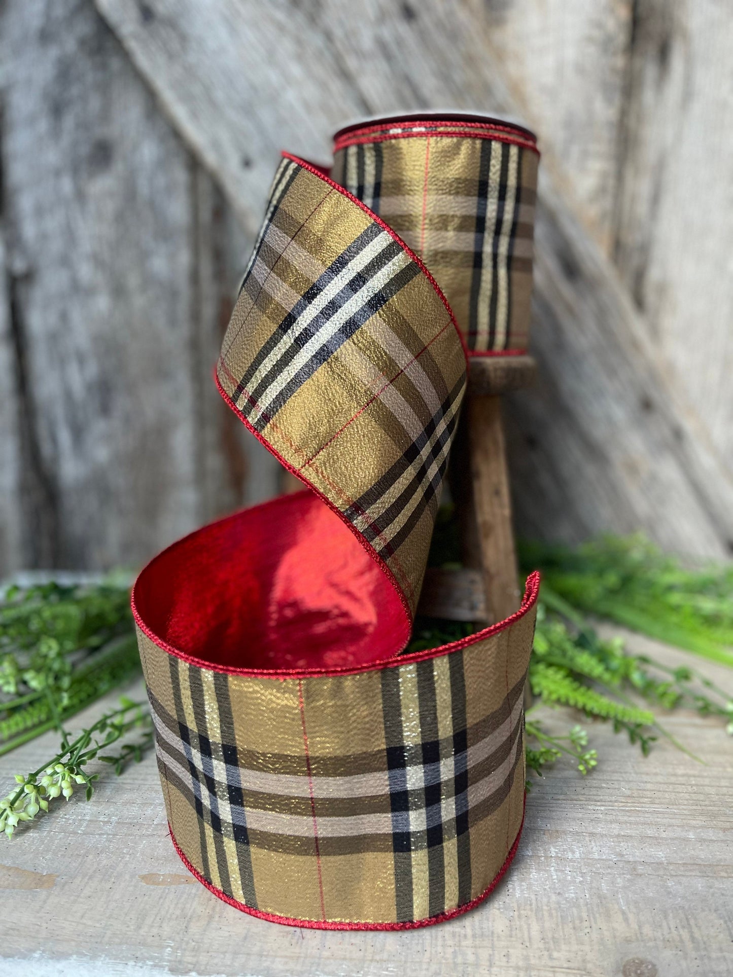 4” Burbank holiday plaid, brown black red plaid Christmas ribbon, 10 yards