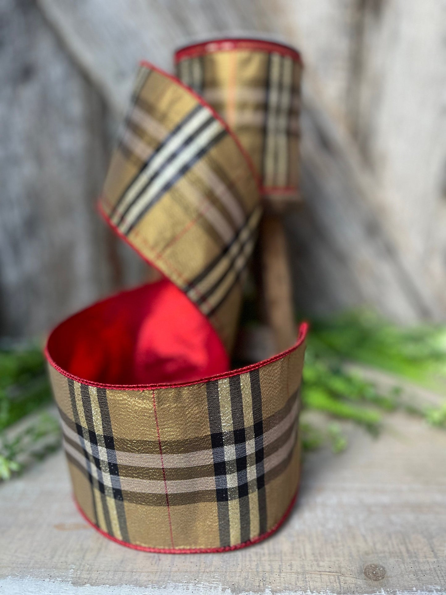 4” Burbank holiday plaid, brown black red plaid Christmas ribbon, 10 yards