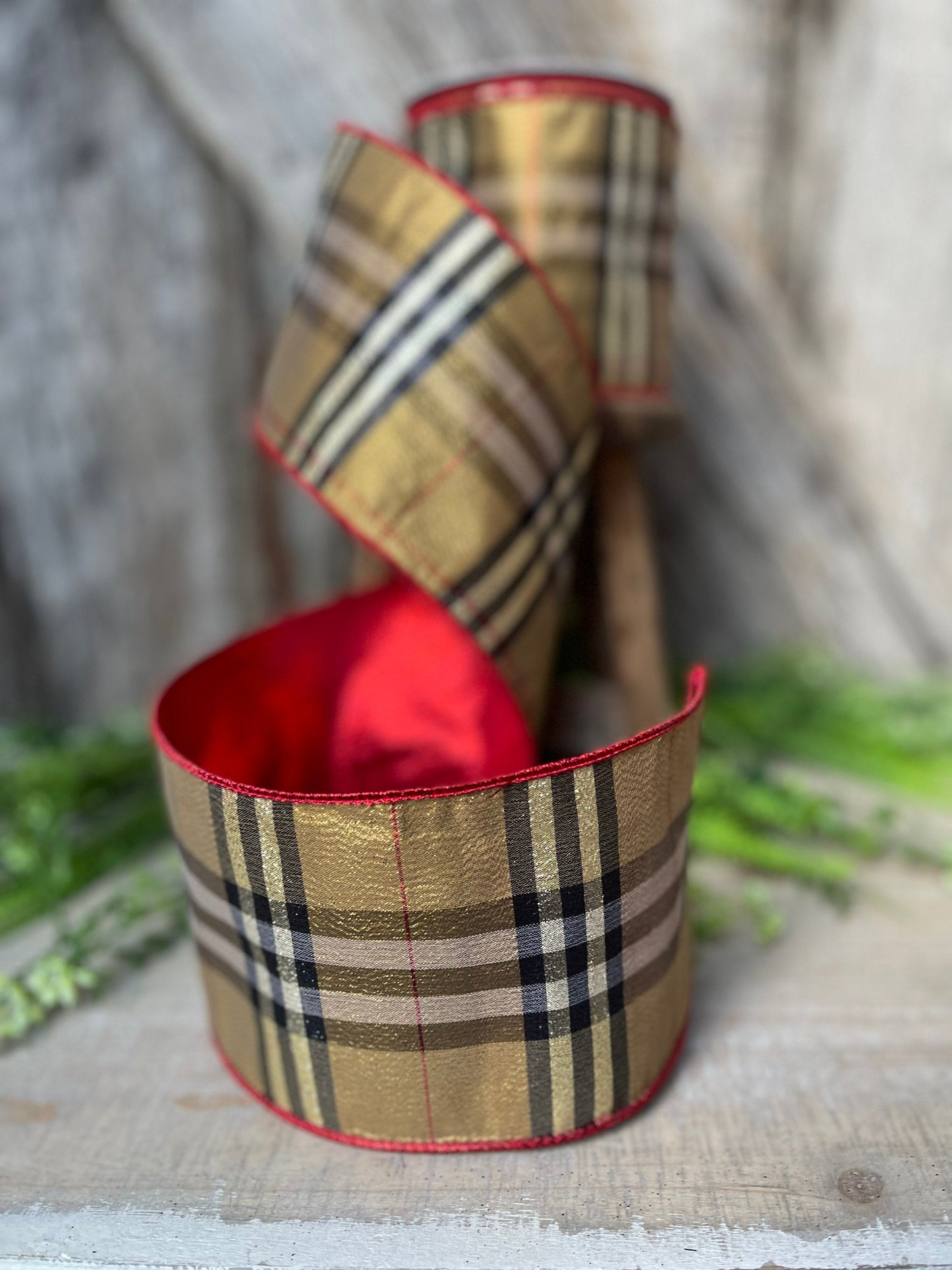 4” Burbank holiday plaid, brown black red plaid Christmas ribbon, 10 yards