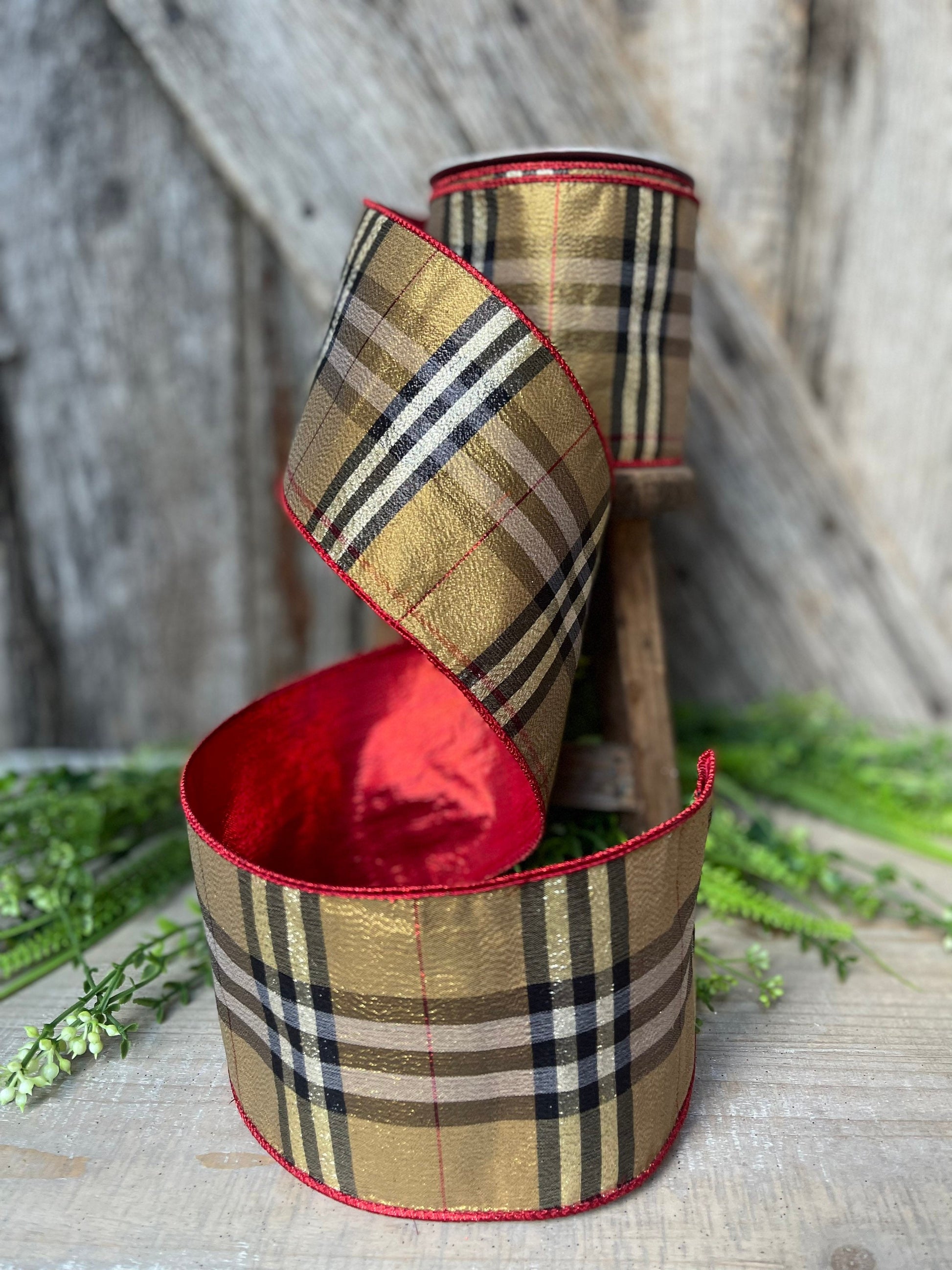 4” Burbank holiday plaid, brown black red plaid Christmas ribbon, 10 yards