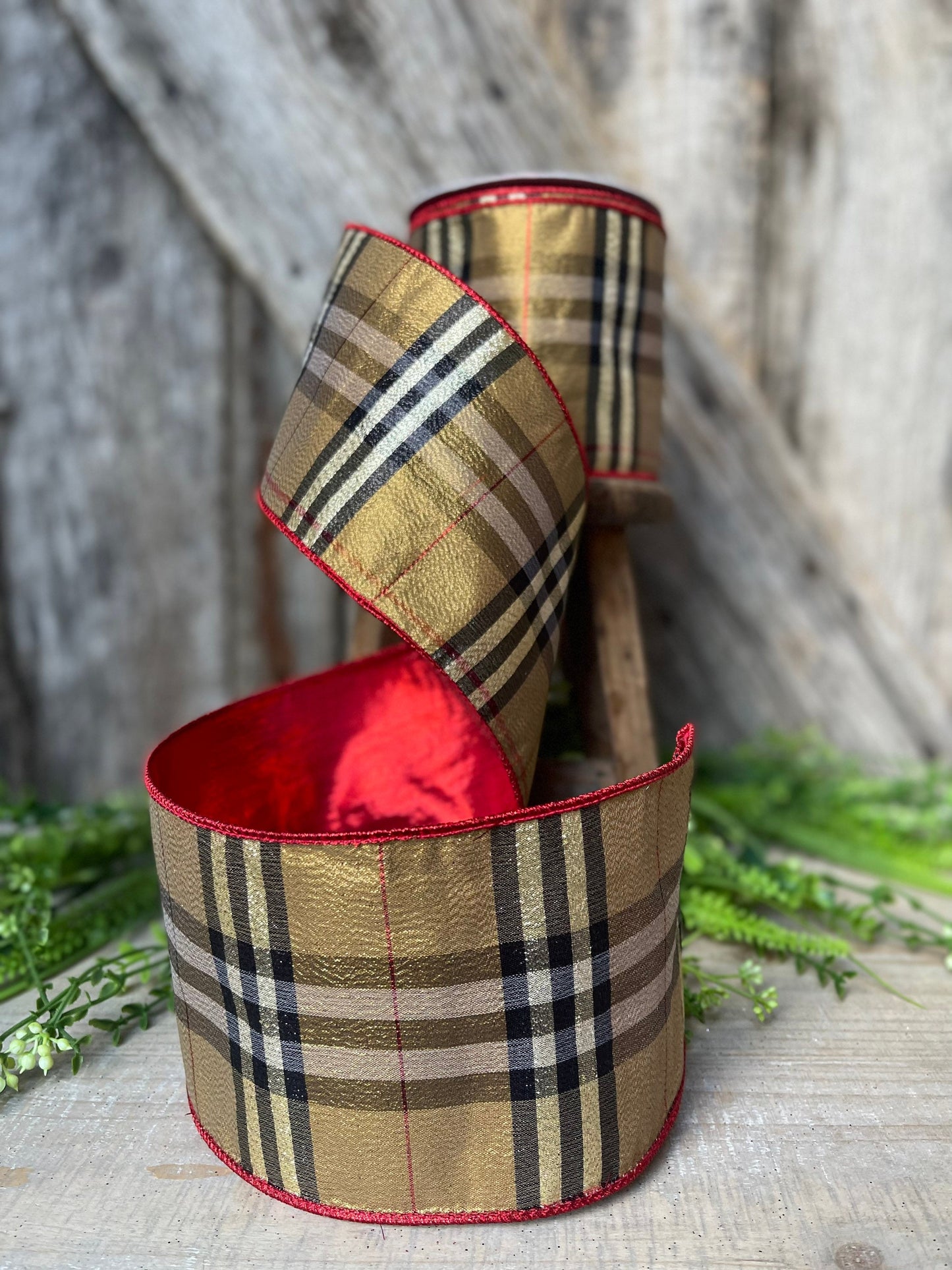 4” Burbank holiday plaid, brown black red plaid Christmas ribbon, 10 yards