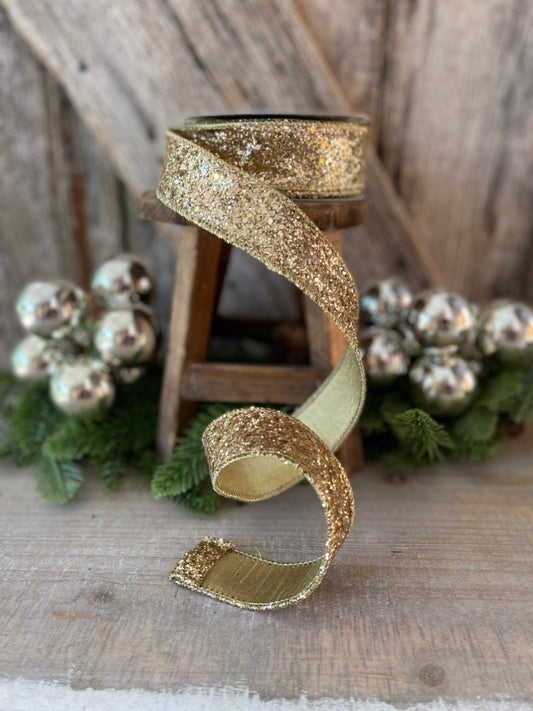 1.5" Gold Chunky Glitter Wired Ribbon, Farriislk Ribbon