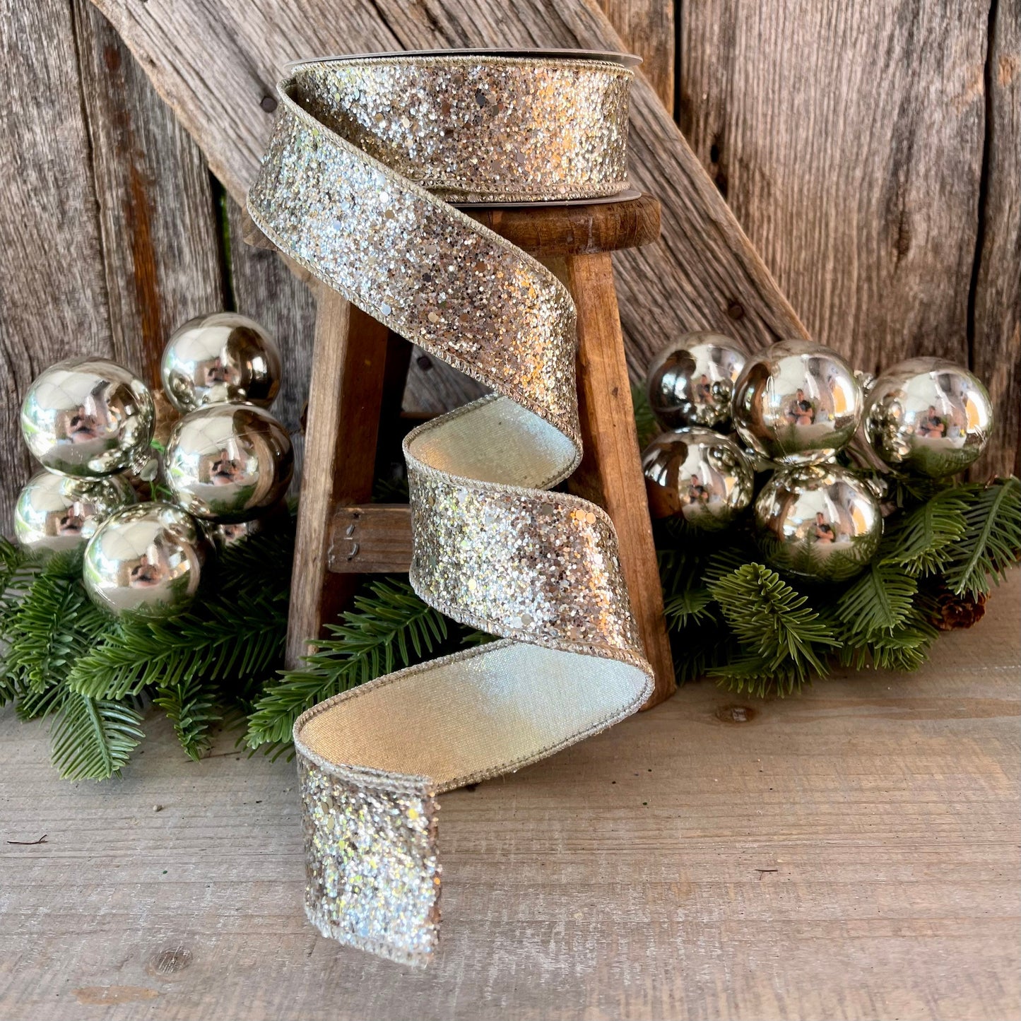 Platinum Gold Chunky Glitter Wired Ribbon, Farriislk Ribbon, Christmas Ribbon