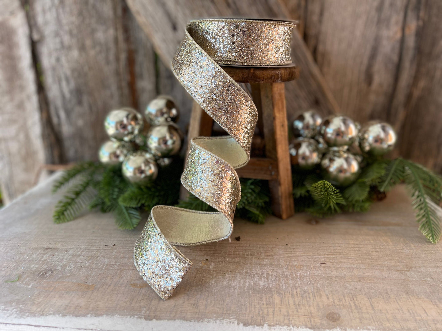 Platinum Gold Chunky Glitter Wired Ribbon, Farriislk Ribbon, Christmas Ribbon