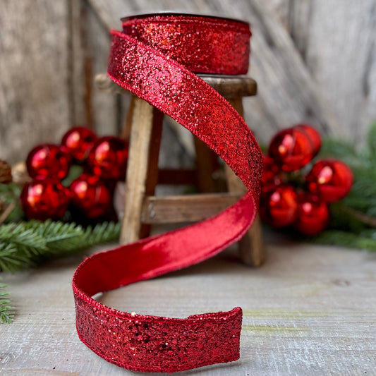 1.5" Red Chunky Glitter Wired Ribbon, Farriislk Ribbon