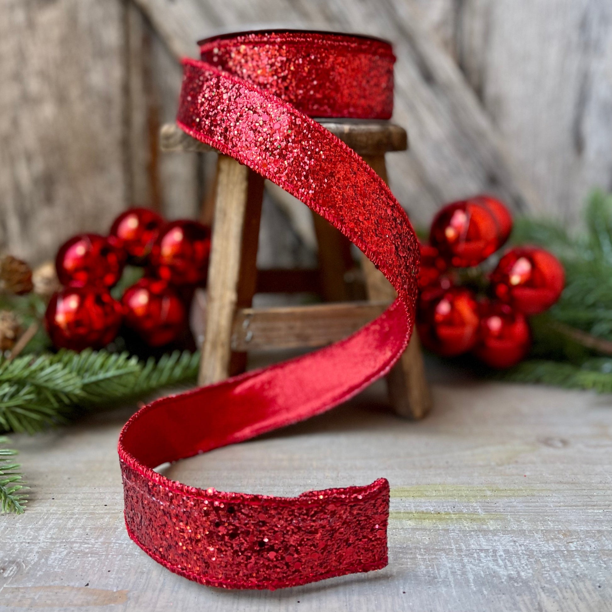 Red Chunky Glitter Wired Ribbon, Farriislk Ribbon, Christmas Ribbon