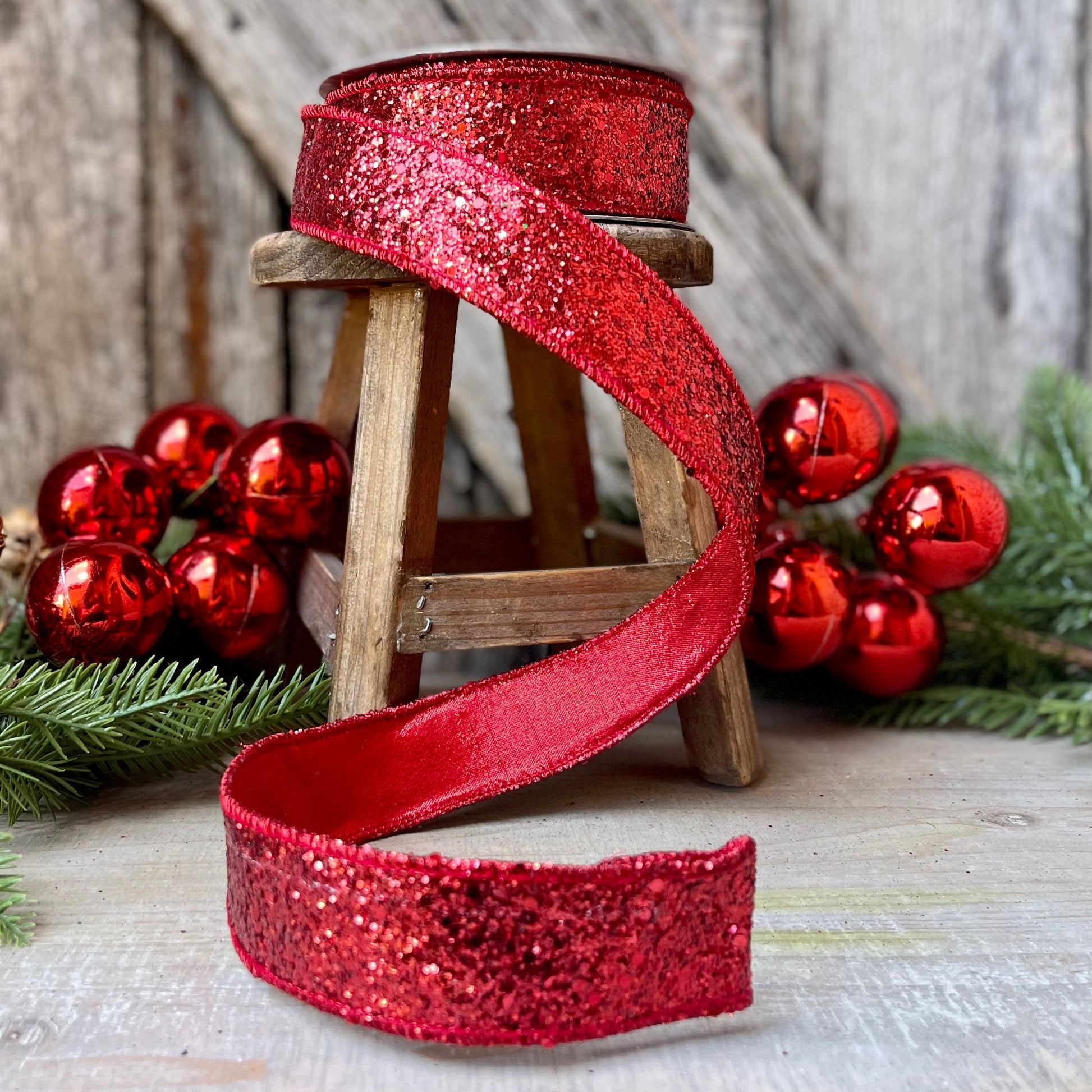 Red Chunky Glitter Wired Ribbon, Farriislk Ribbon, Christmas Ribbon