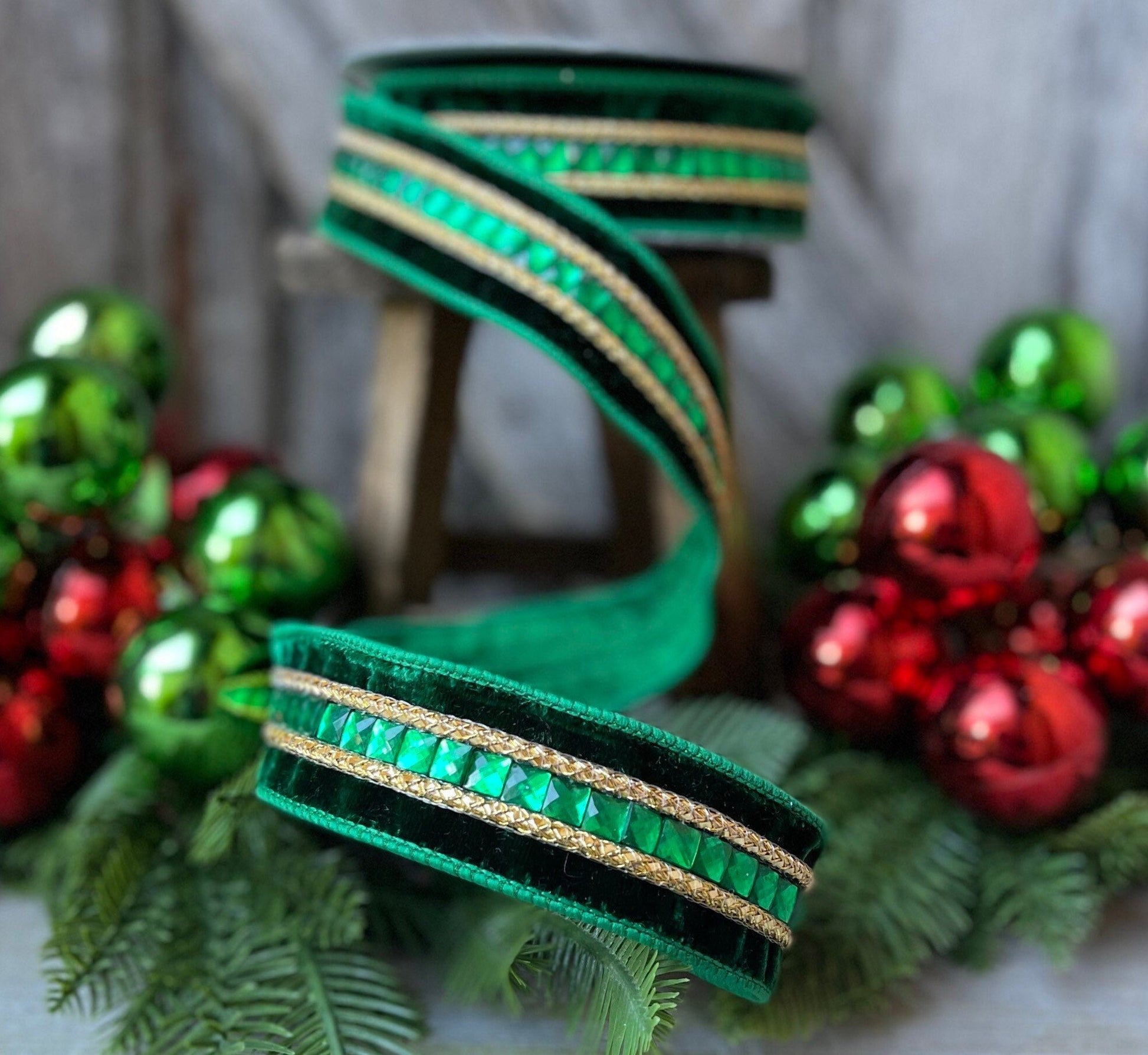 Green Emeral Cut Gemstones Ribbon, 1.5" Emerald velvet jeweled ribbon, Christmas Ribbon