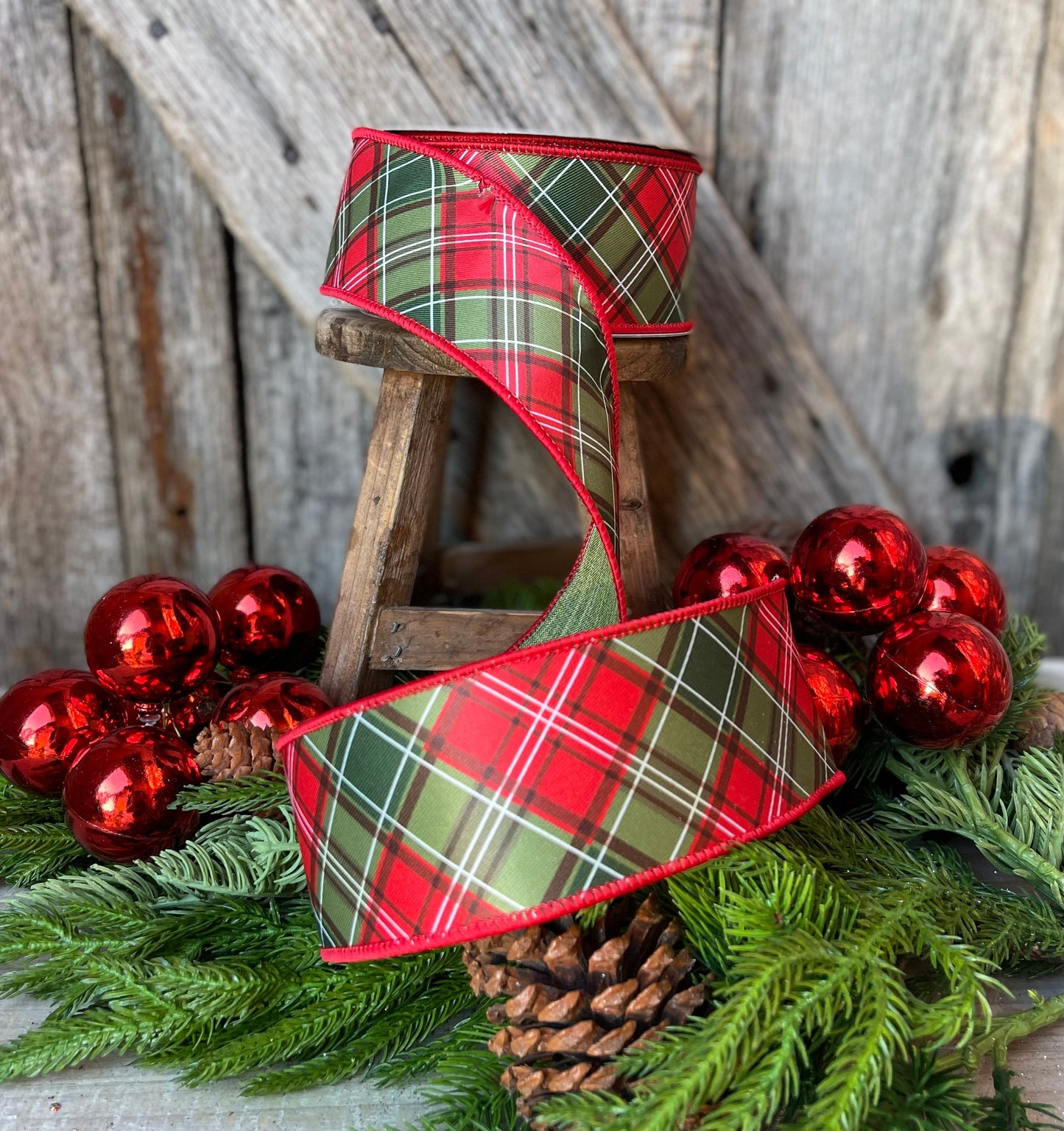 2.5" Red Green Plaid Ribbon, Farrisilk Ribbon, Scotty Dog Plaid, Christmas Plaid Ribbon, Christmas Tree Ribbon, designer ribbon, RA992-48