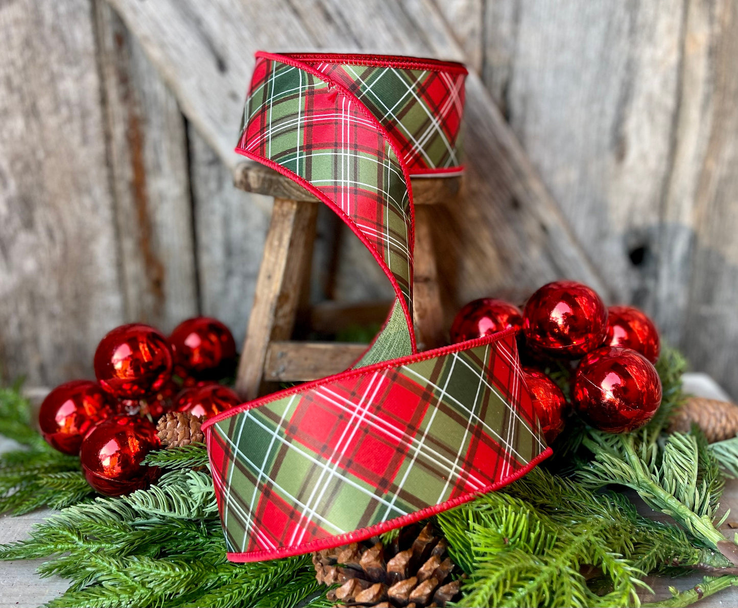 2.5" Red Green Plaid Ribbon, Farrisilk Ribbon, Scotty Dog Plaid, Christmas Plaid Ribbon, Christmas Tree Ribbon, designer ribbon, RA992-48