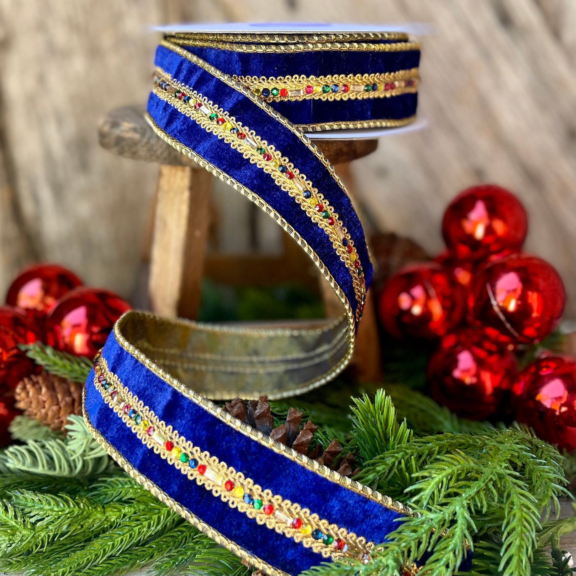 Royal Blue Velvet Jeweled Ribbon, Mutli colored Jeweled Ribbon