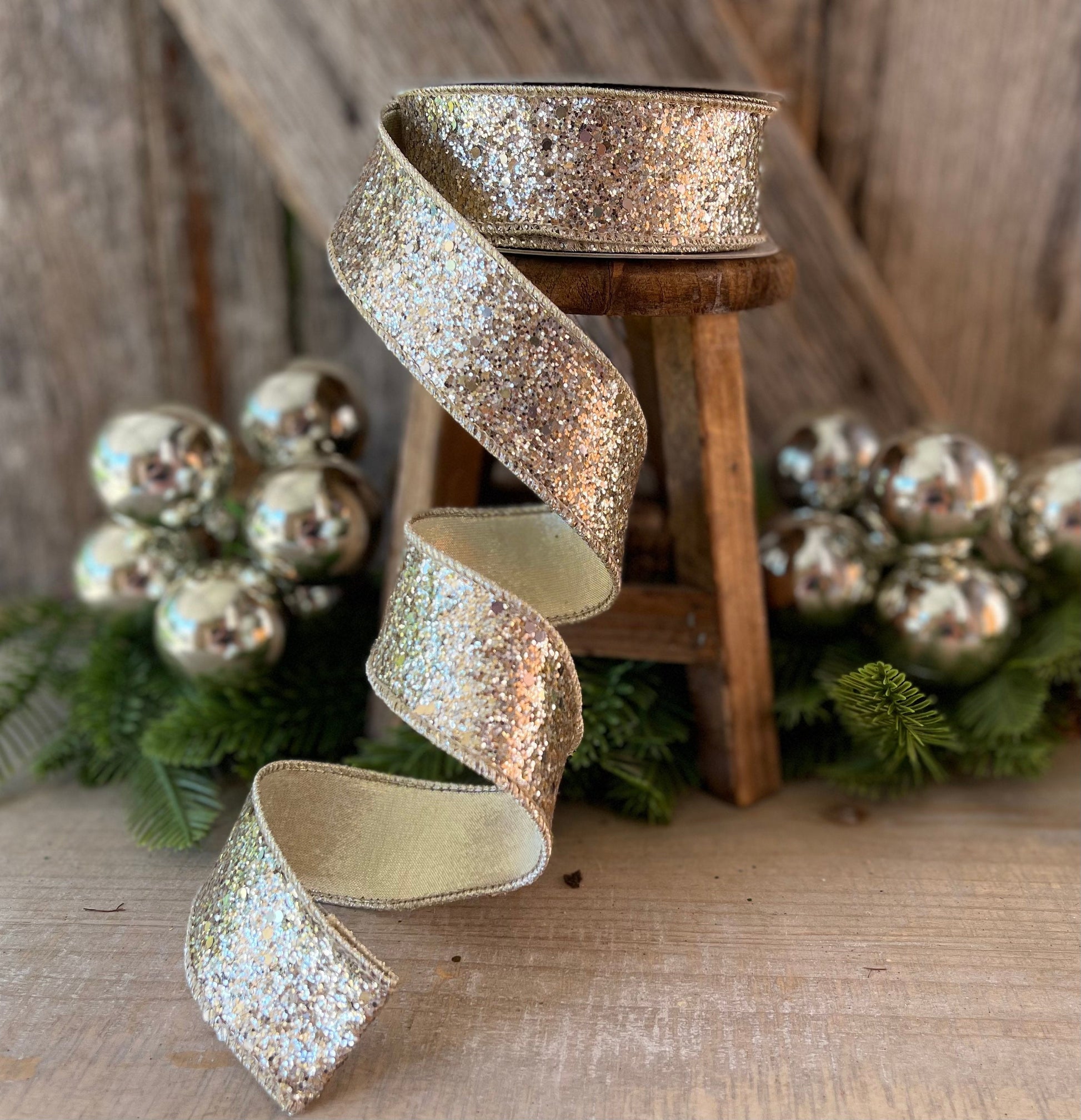 Platinum Gold Chunky Glitter Wired Ribbon, Farriislk Ribbon, Christmas Ribbon