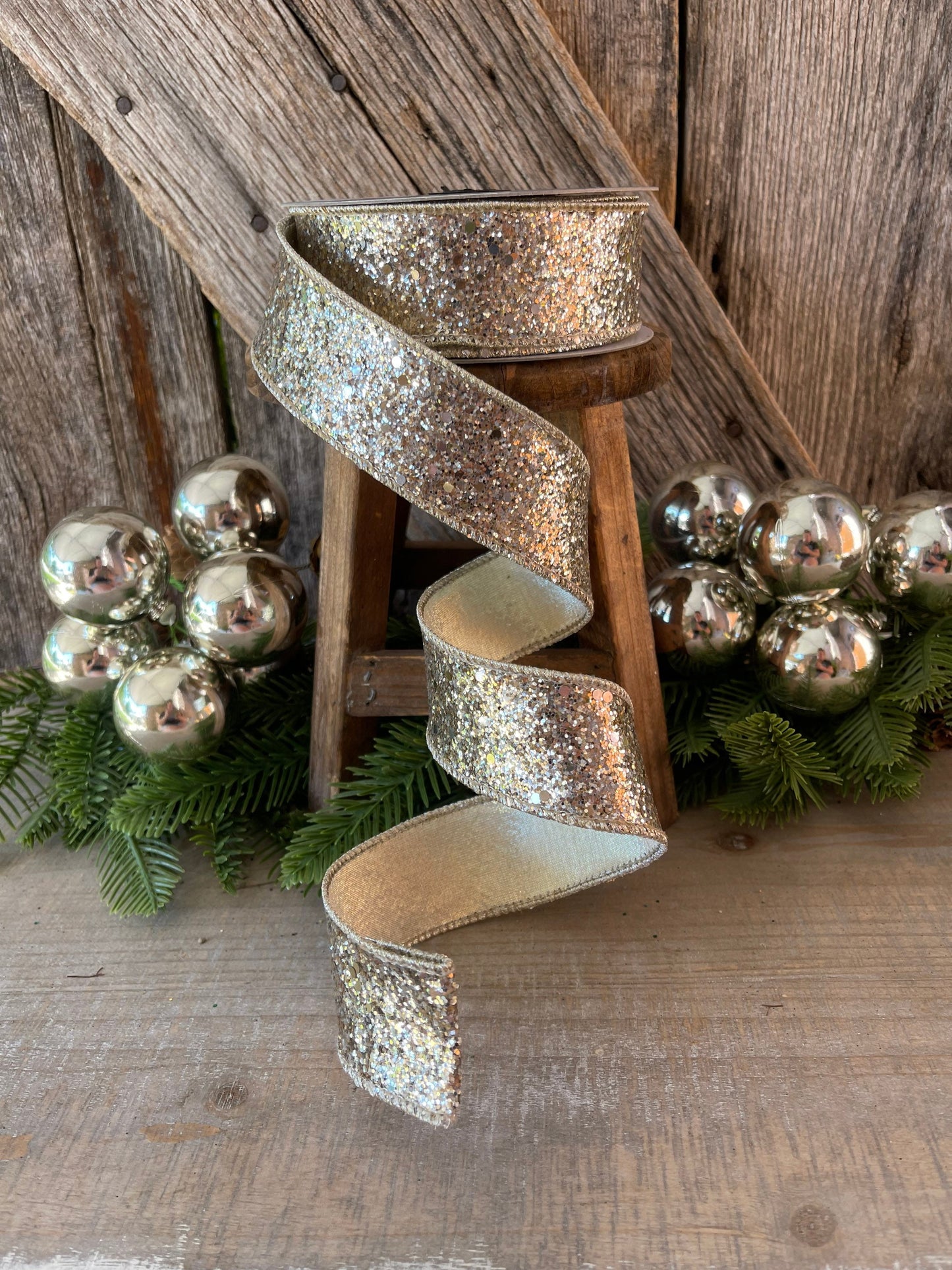 Platinum Gold Chunky Glitter Wired Ribbon, Farriislk Ribbon, Christmas Ribbon