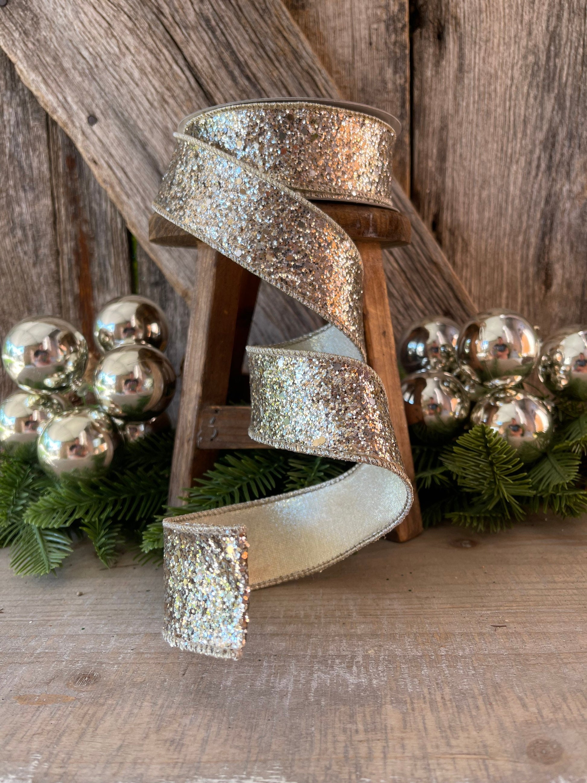 Platinum Gold Chunky Glitter Wired Ribbon, Farriislk Ribbon, Christmas Ribbon