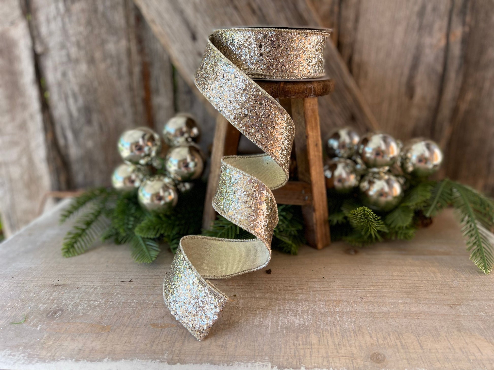 Platinum Gold Chunky Glitter Wired Ribbon, Farriislk Ribbon, Christmas Ribbon