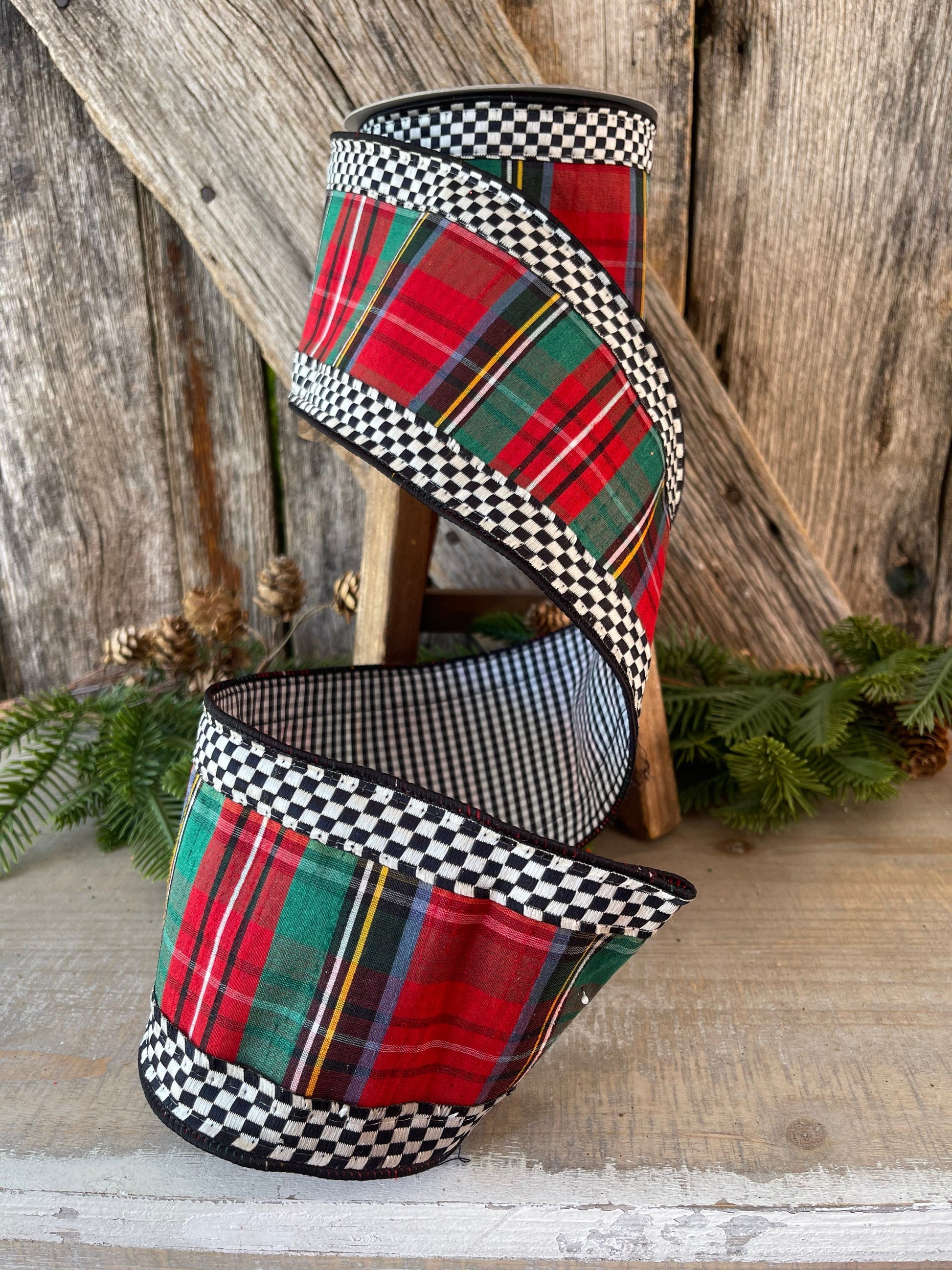 Christmas Plaid mini check plaid, Farrisilk ribbon, 4 inch ribbon