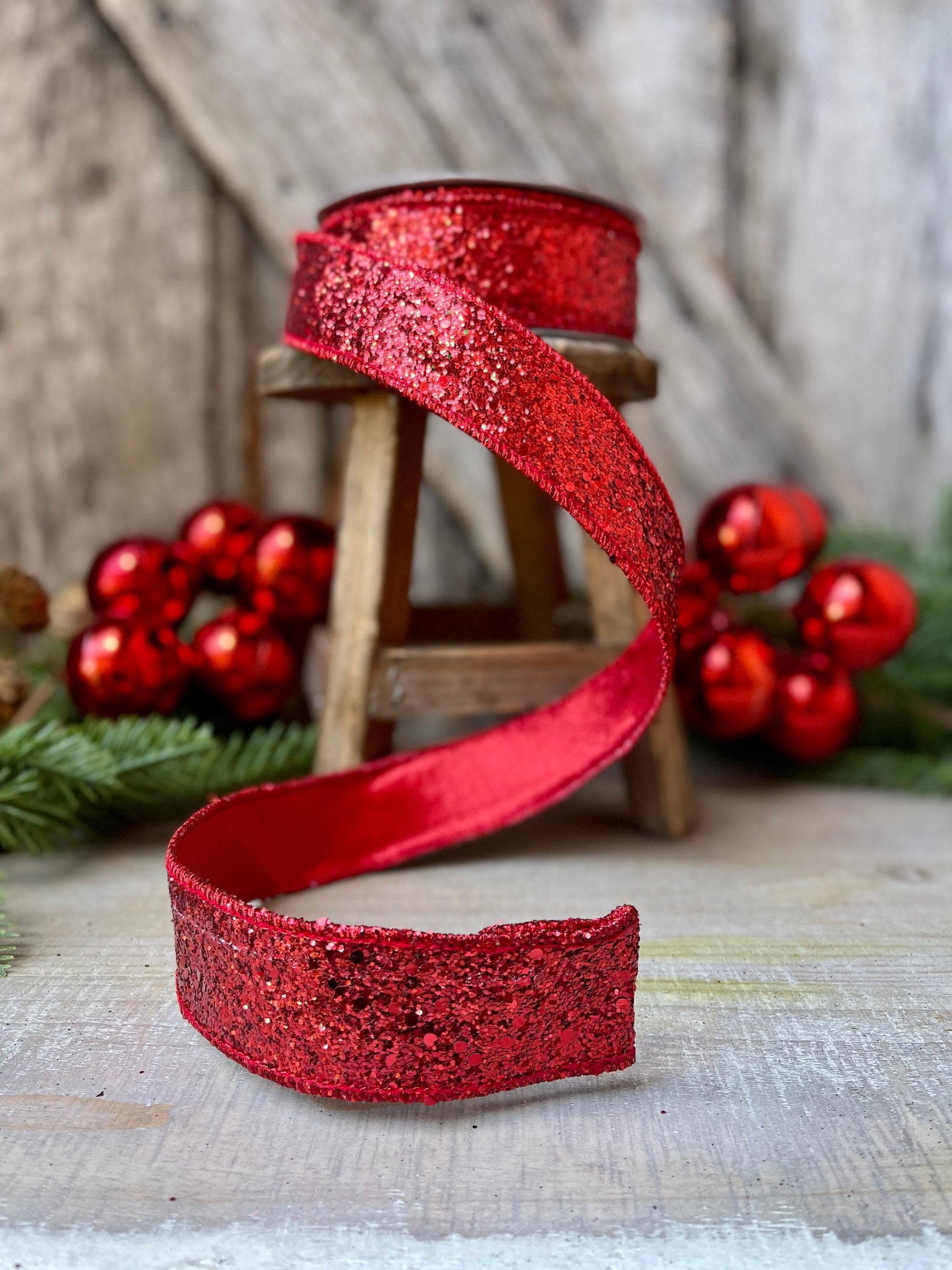 Red Chunky Glitter Wired Ribbon, Farriislk Ribbon, Christmas Ribbon