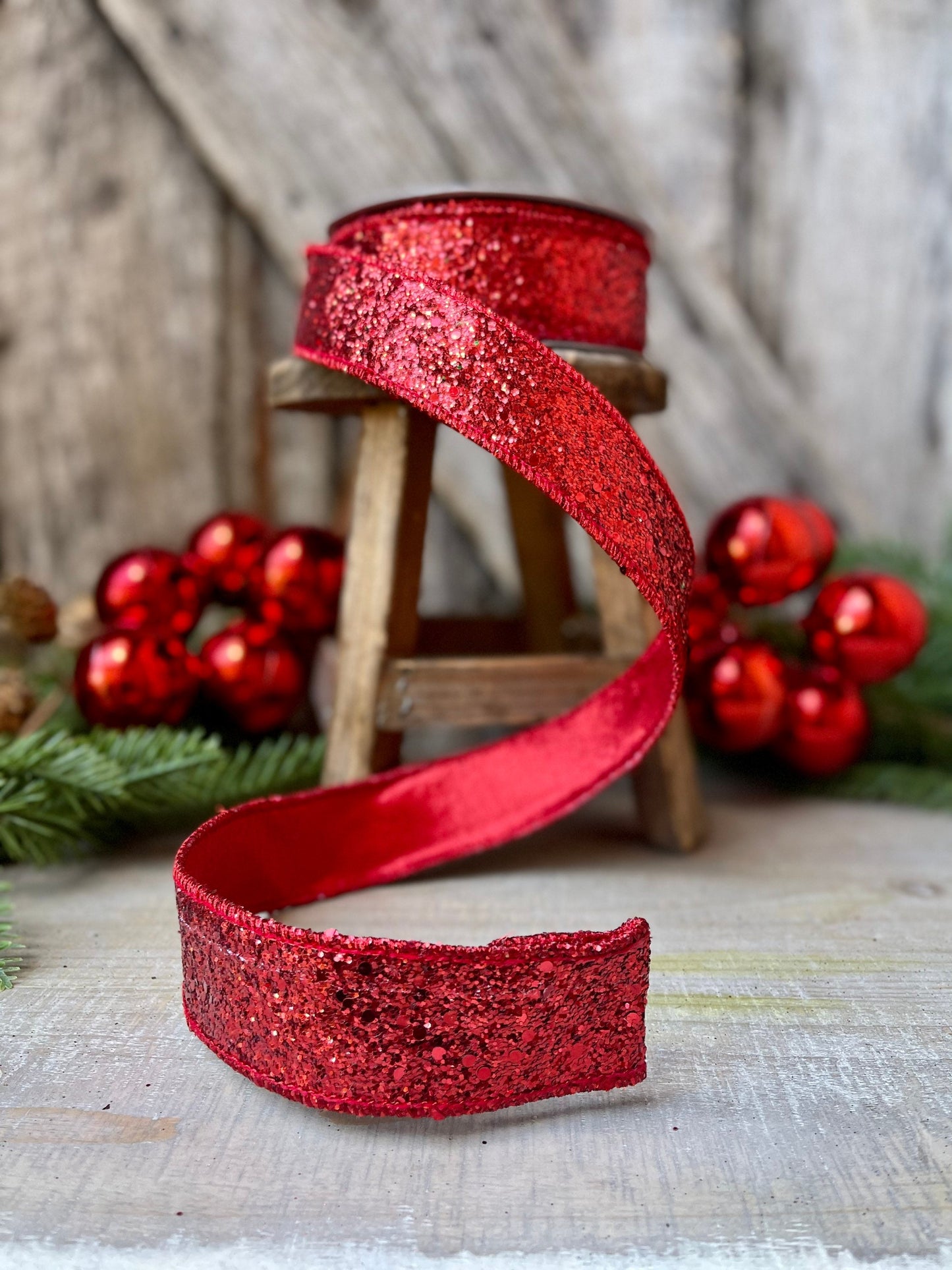 Red Chunky Glitter Wired Ribbon, Farriislk Ribbon, Christmas Ribbon