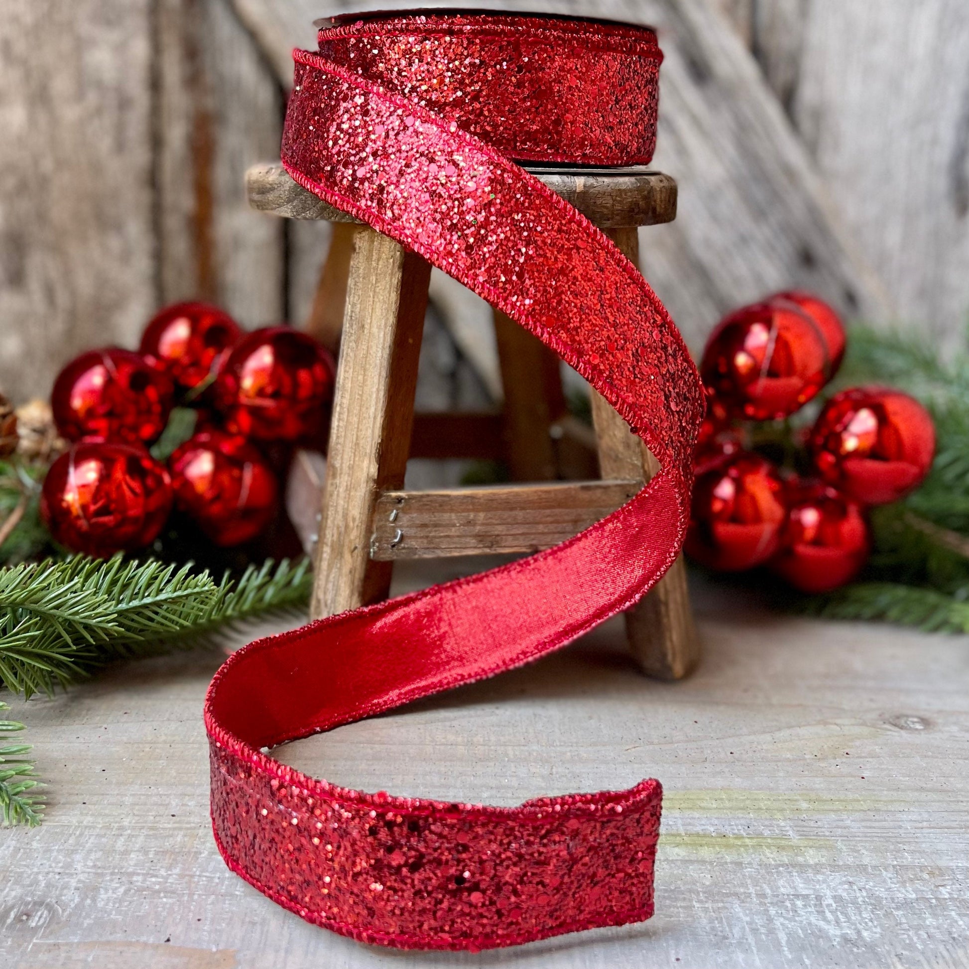 Red Chunky Glitter Wired Ribbon, Farriislk Ribbon, Christmas Ribbon