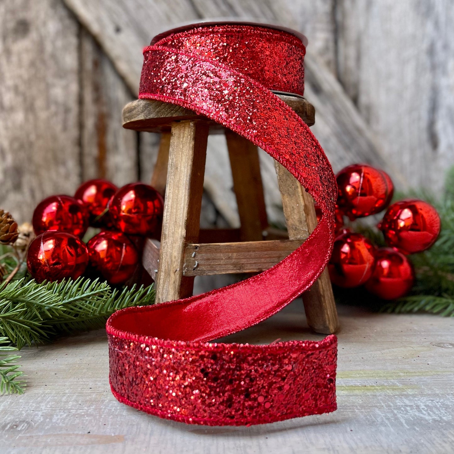 Red Chunky Glitter Wired Ribbon, Farriislk Ribbon, Christmas Ribbon