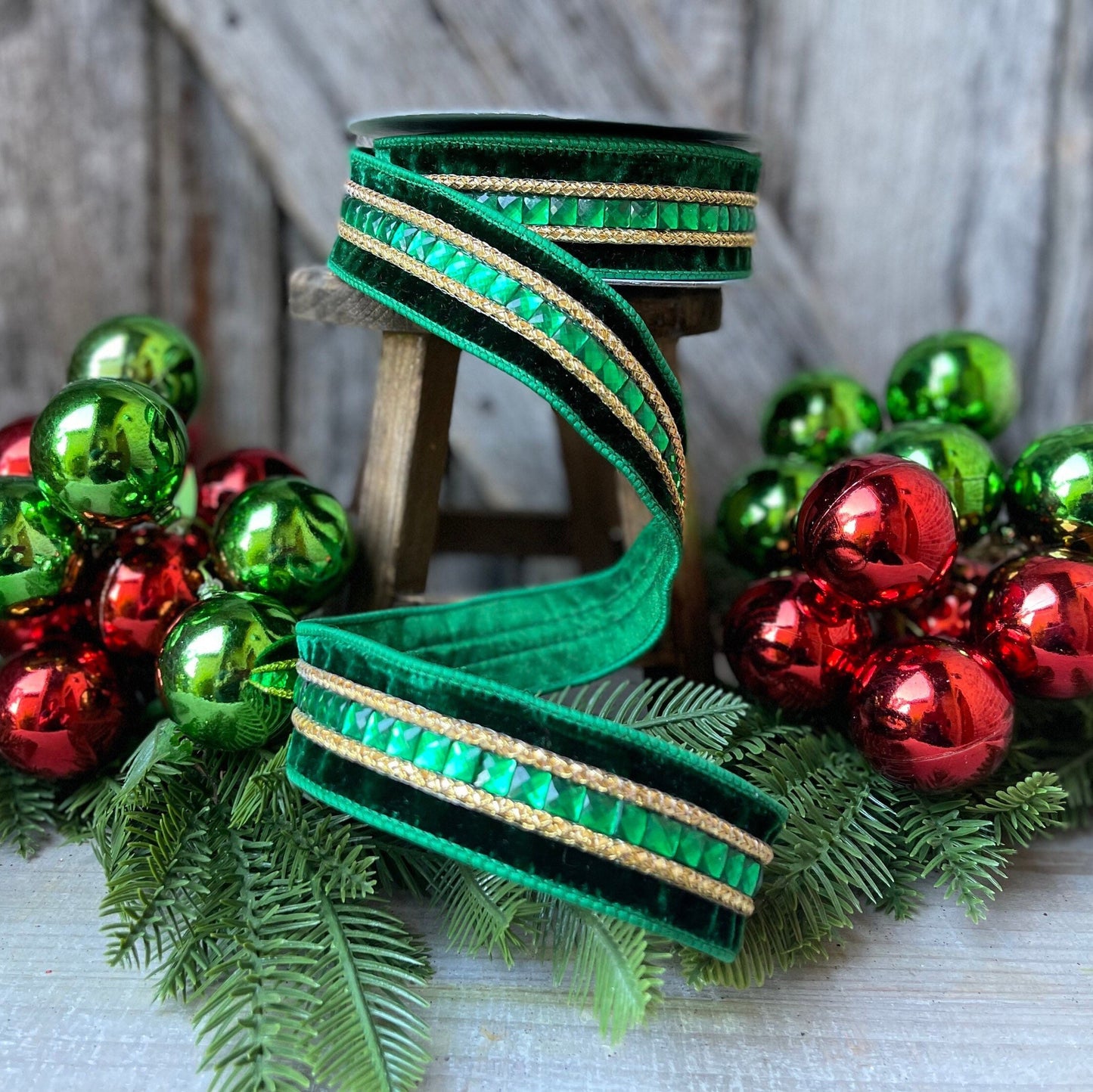 Green Emeral Cut Gemstones Ribbon, 1.5" Emerald velvet jeweled ribbon, Christmas Ribbon