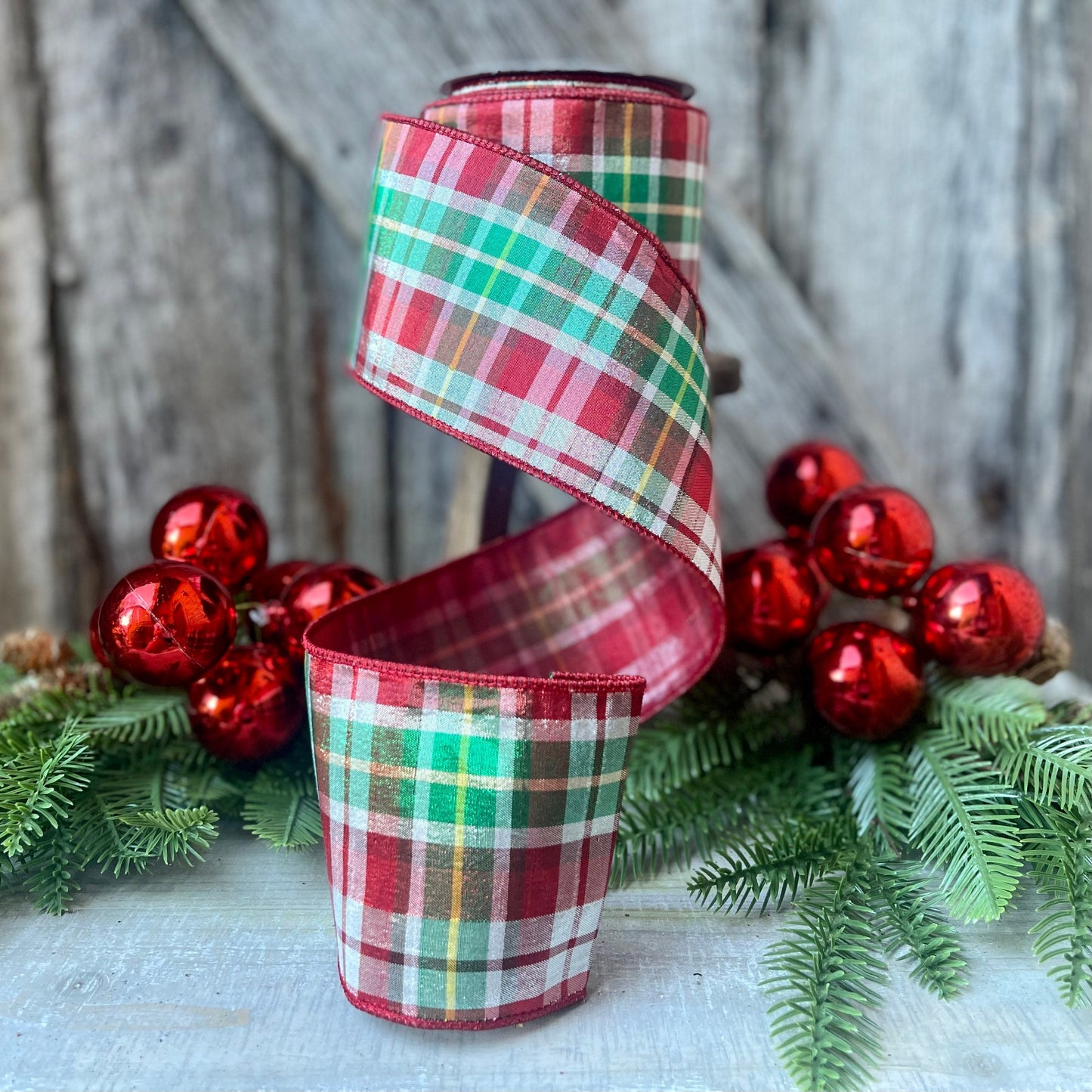 4" Christmas Red Green Candy Plaid Ribbon, Farrisilk Ribbon, Christmas Tree Ribbon